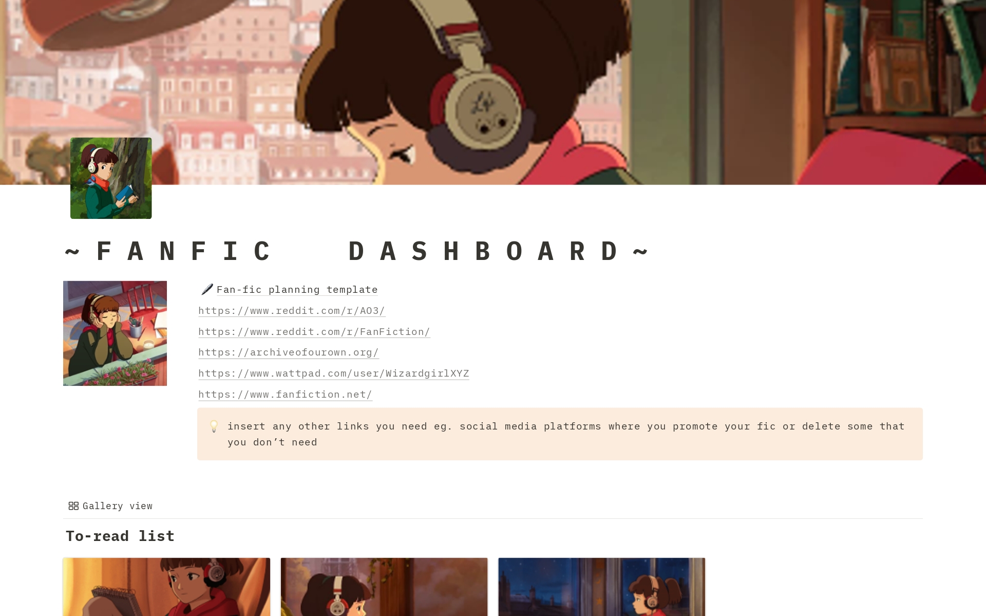 A template preview for Fanfiction Dashboard (for reading + writing)