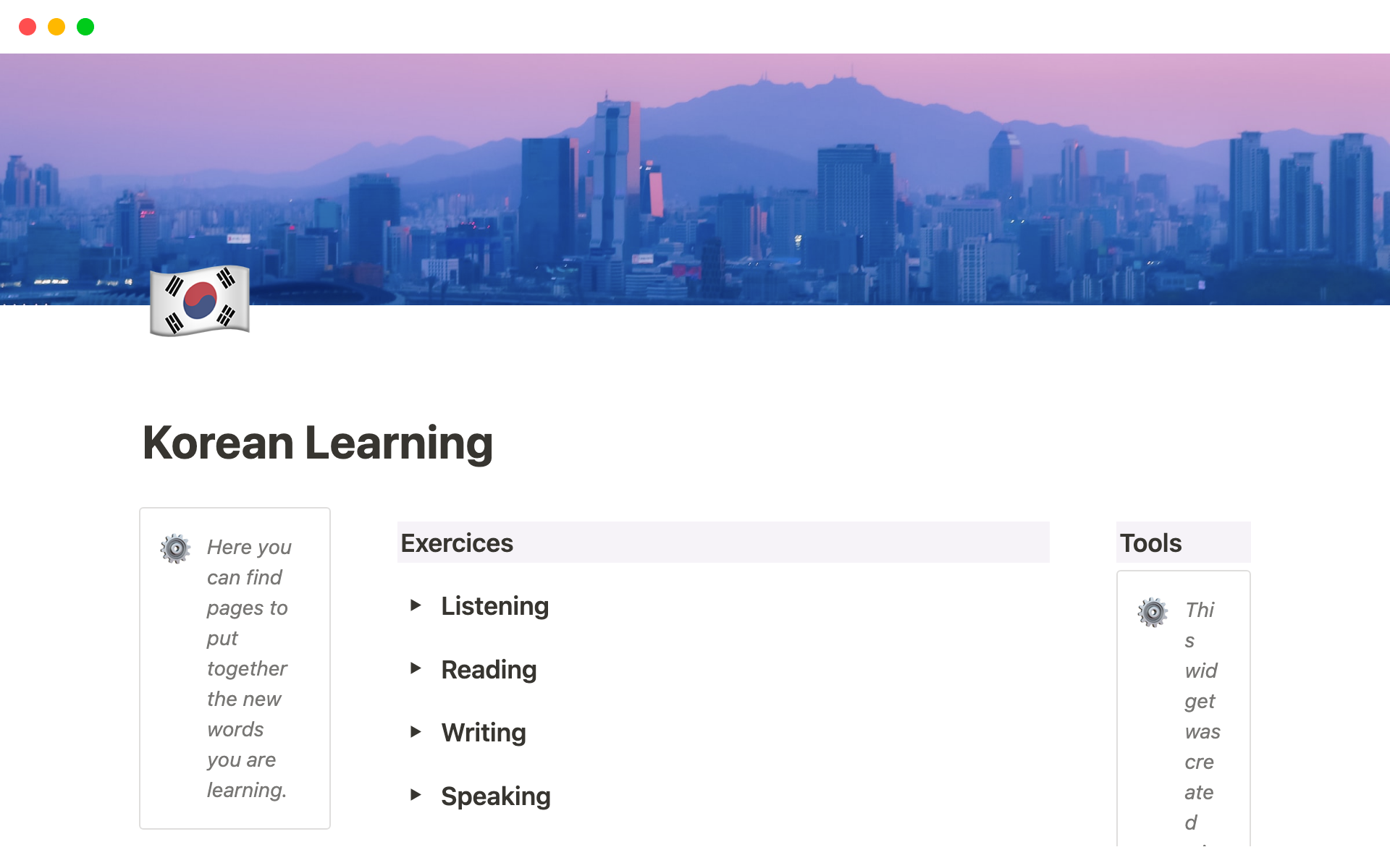 Vista previa de plantilla para Planner for Korean Learning