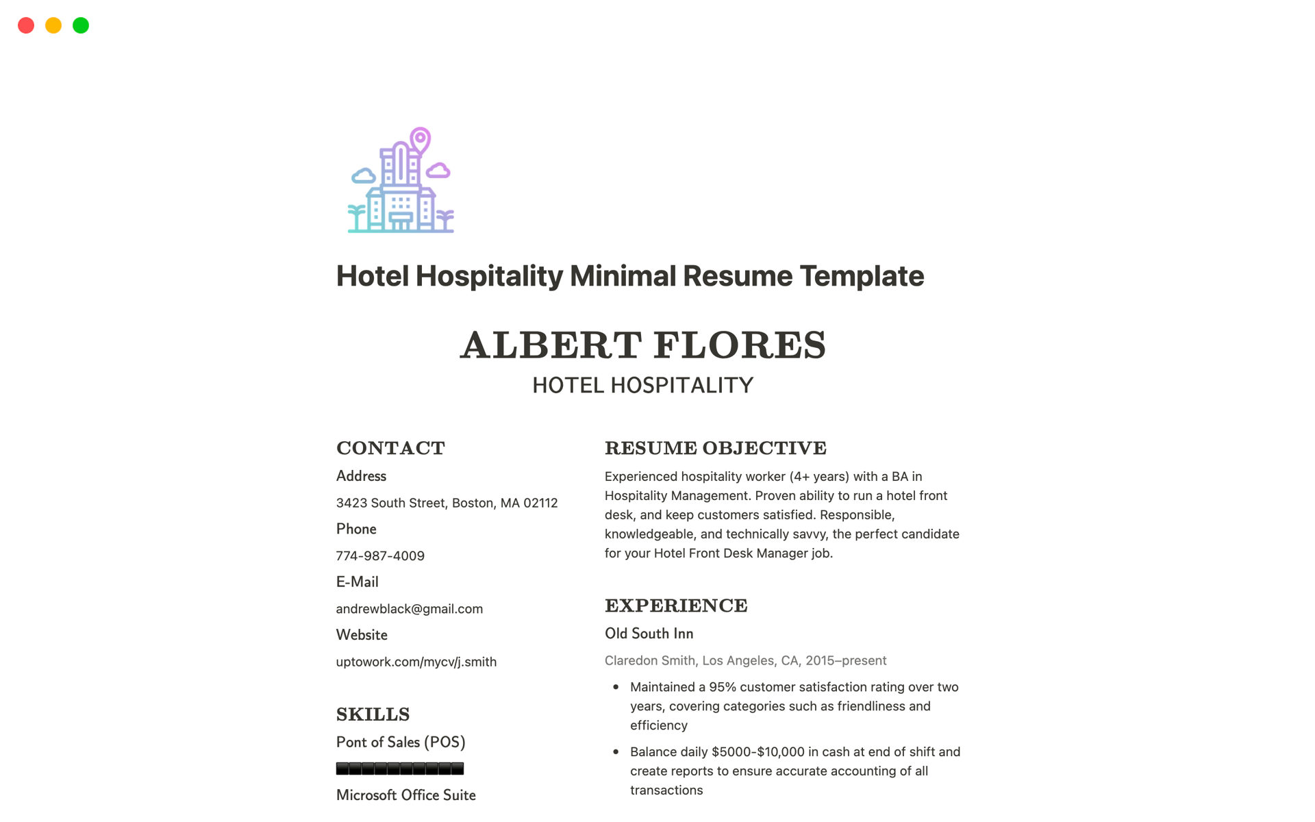 En forhåndsvisning av mal for Hotel Hospitality Minimal Resume
