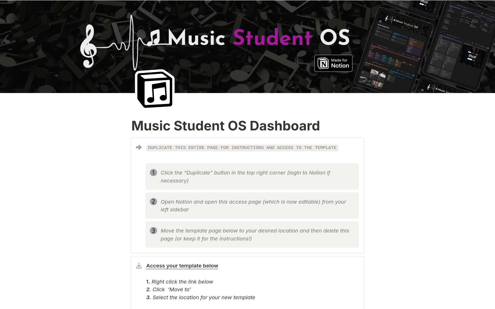 Eine Vorlagenvorschau für Music Student OS Dashboard