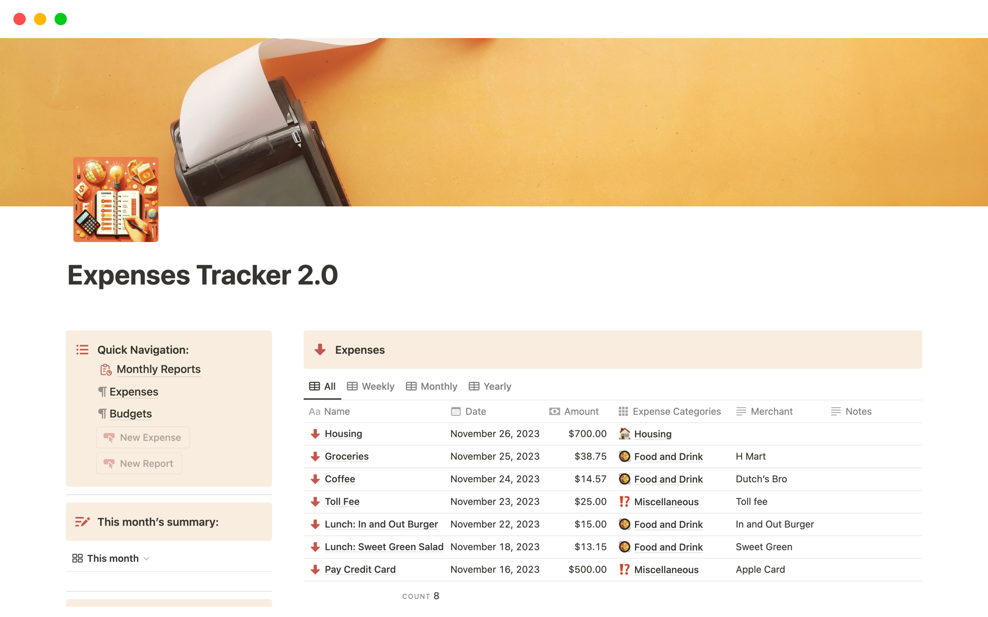 Vista previa de una plantilla para Expenses Tracker 2.0
