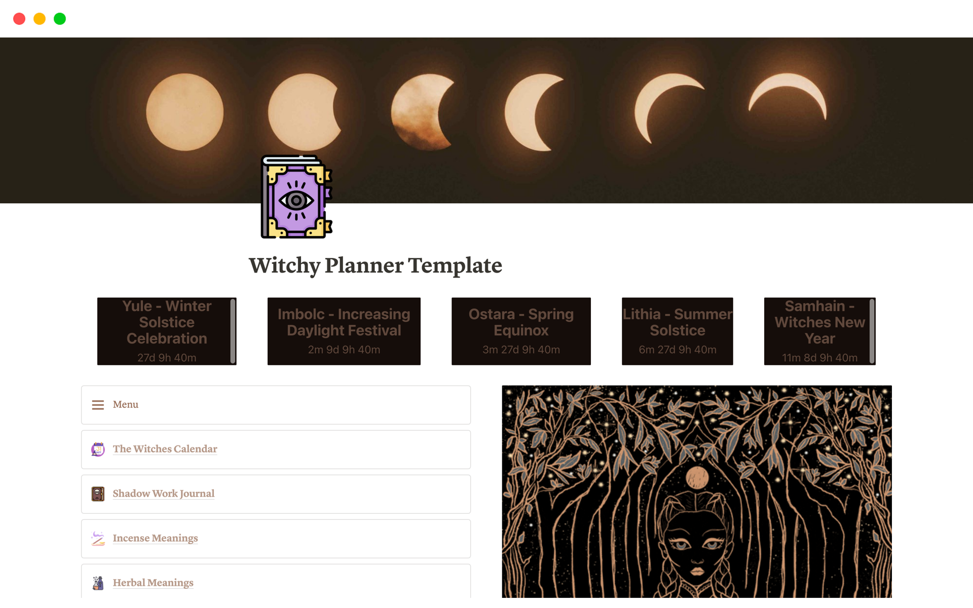 A template preview for Witchy Planner Template with Tarot Card Randomizer