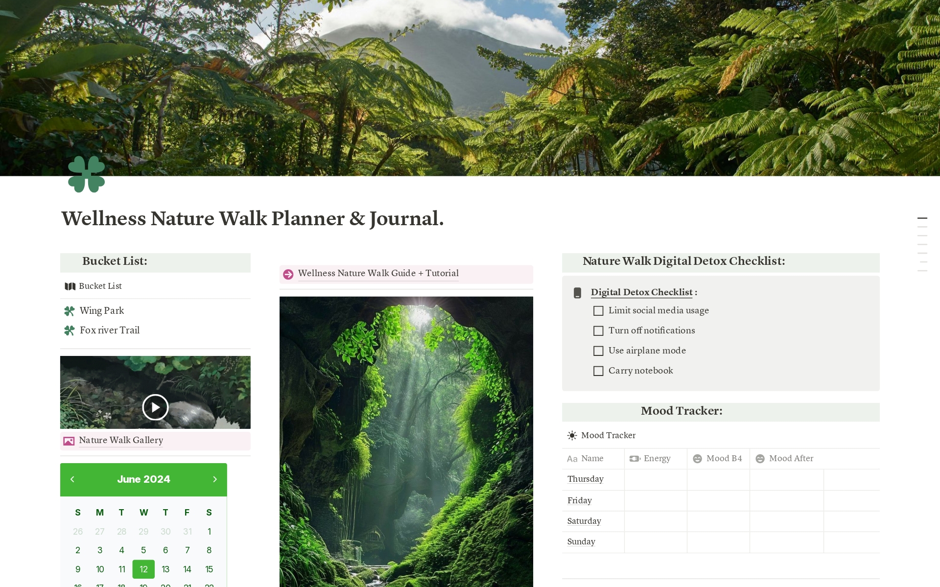 Introducing the Wellness Nature Walk Planner & Journal with the following features: Nature walk planner, nature walk Bucket list, mood tracker, nature walk gallery, nature walk checklist & inventory, nature walk notes and journal, nature walk guide, digital detox.