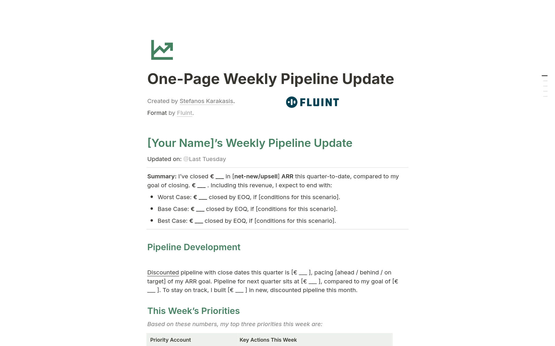 Uma prévia do modelo para One-Page Weekly Pipeline Update