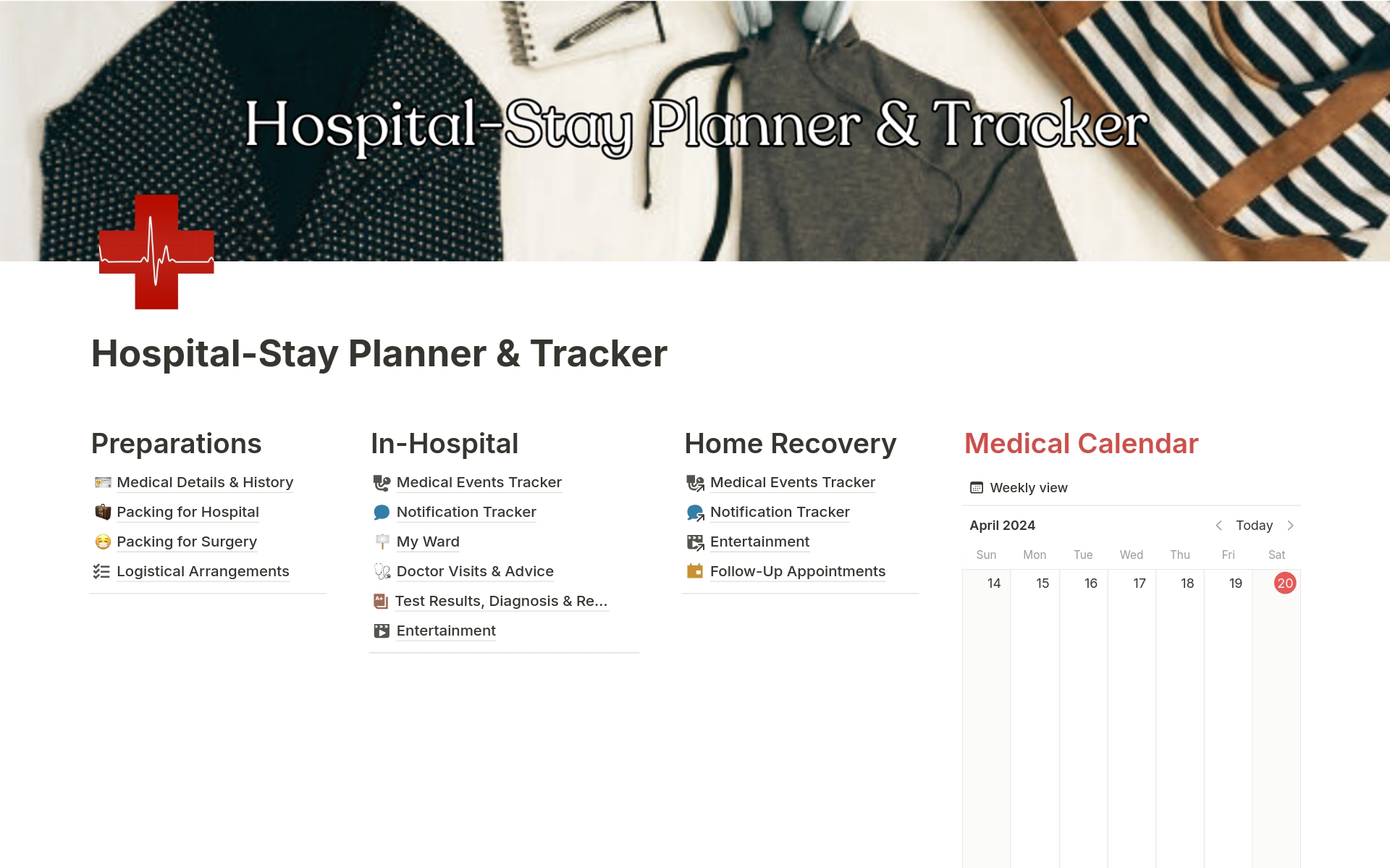 En förhandsgranskning av mallen för Hospital-Stay Planner & Tracker