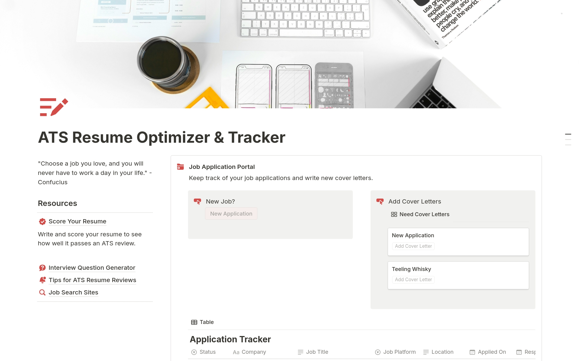 En forhåndsvisning av mal for ATS Resume Optimizer and Tracker