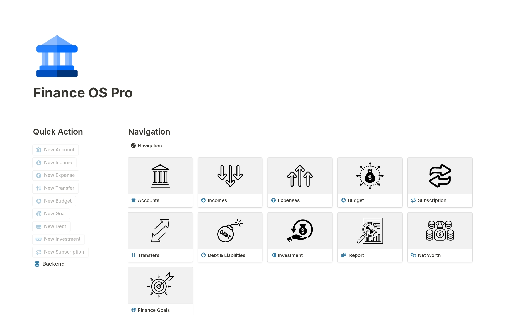 Vista previa de plantilla para Finance OS Pro