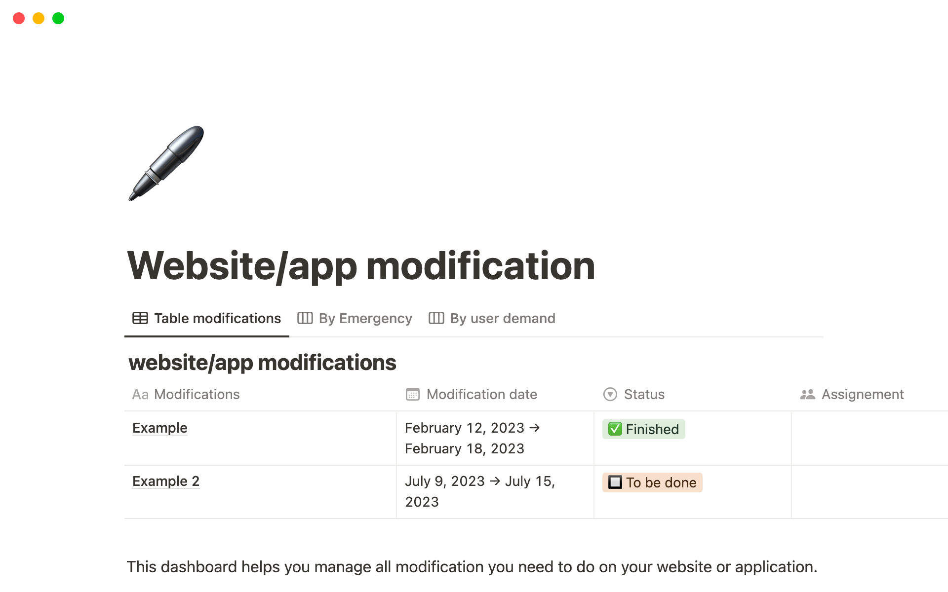 En forhåndsvisning av mal for Website/App Modifications
