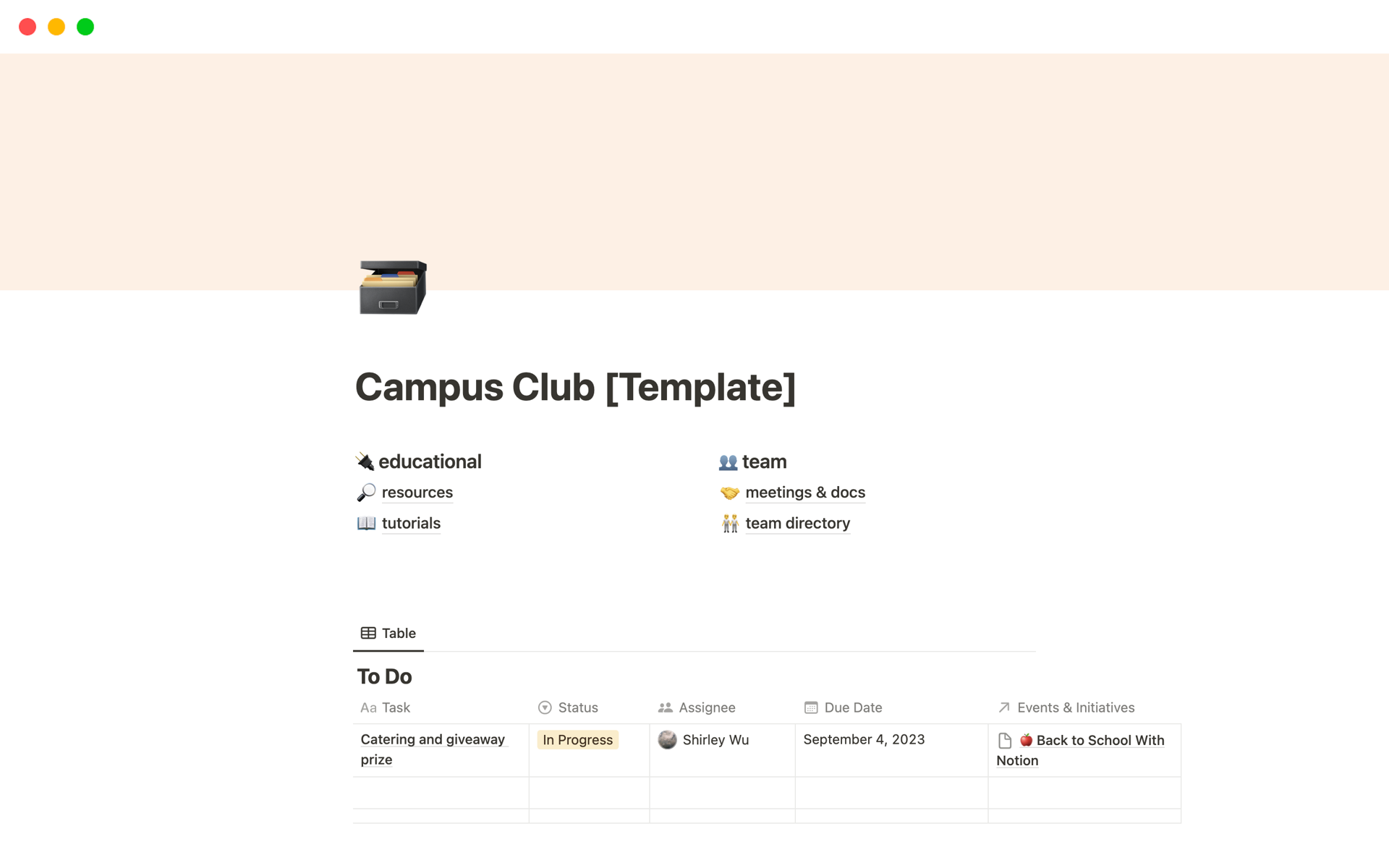 Eine Vorlagenvorschau für Campus Club Management