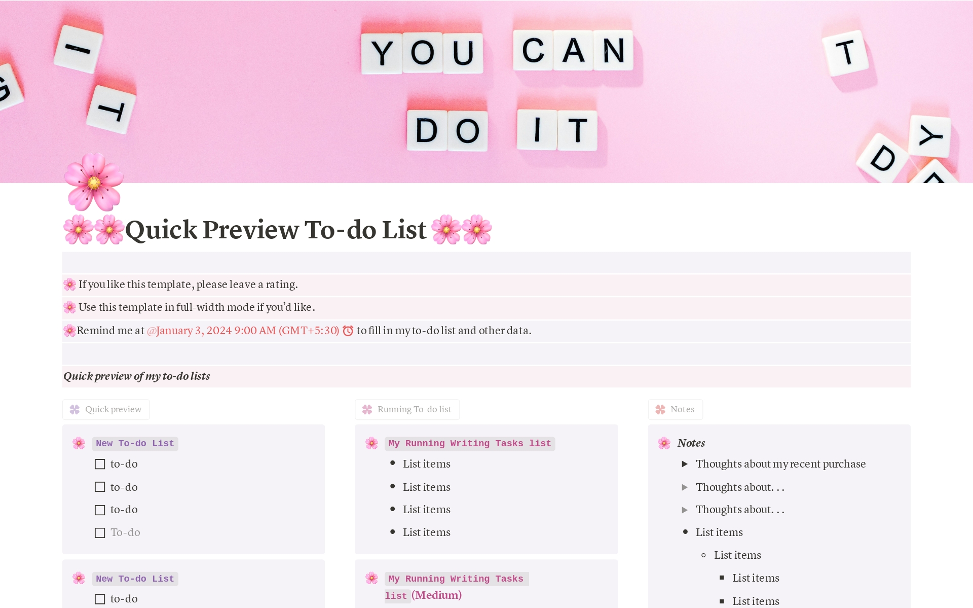 A template preview for Quick Preview To-do List