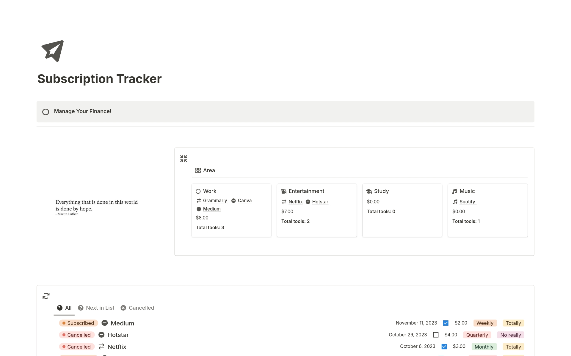 A template preview for Subscription Tracker 