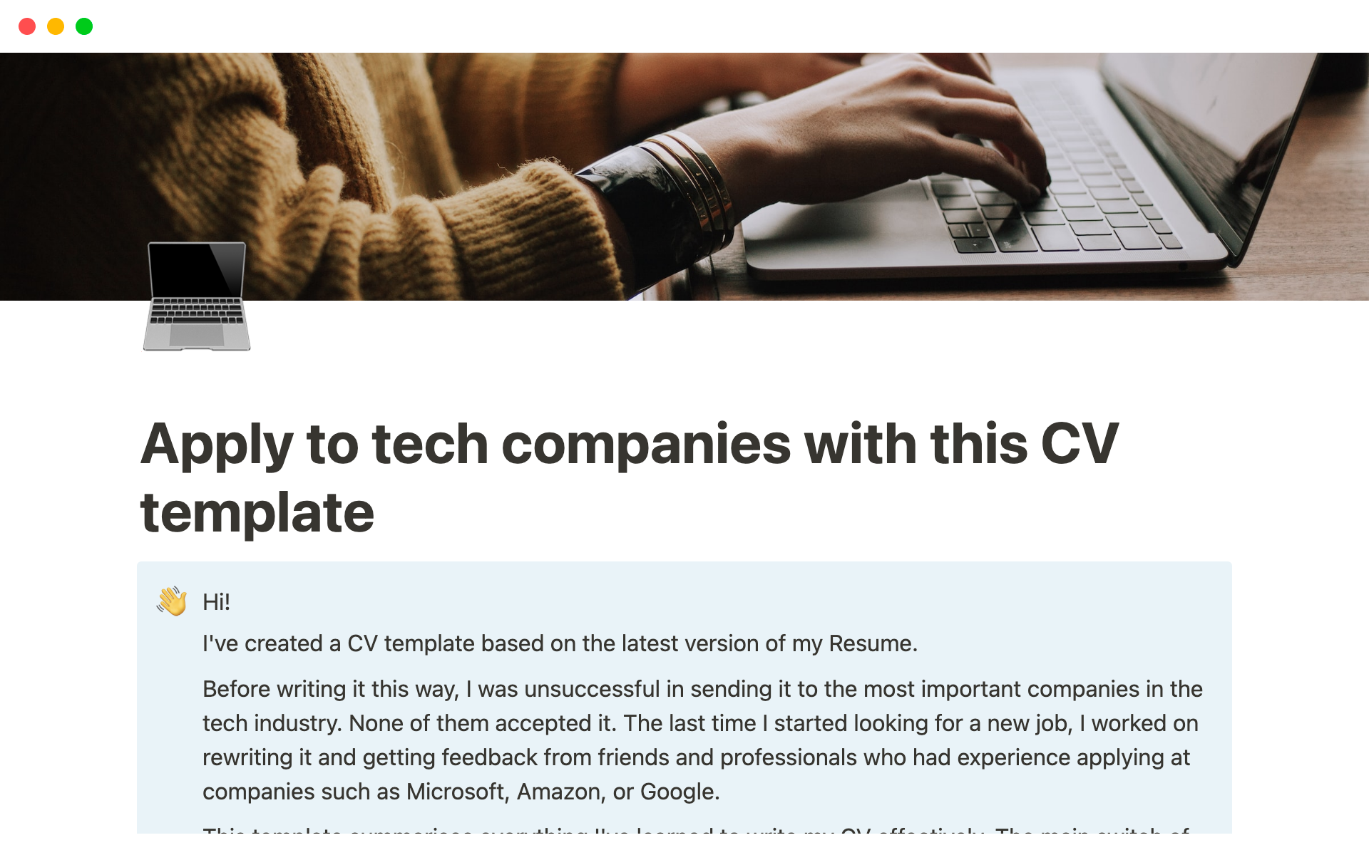 CV template to apply to tech companiesのテンプレートのプレビュー