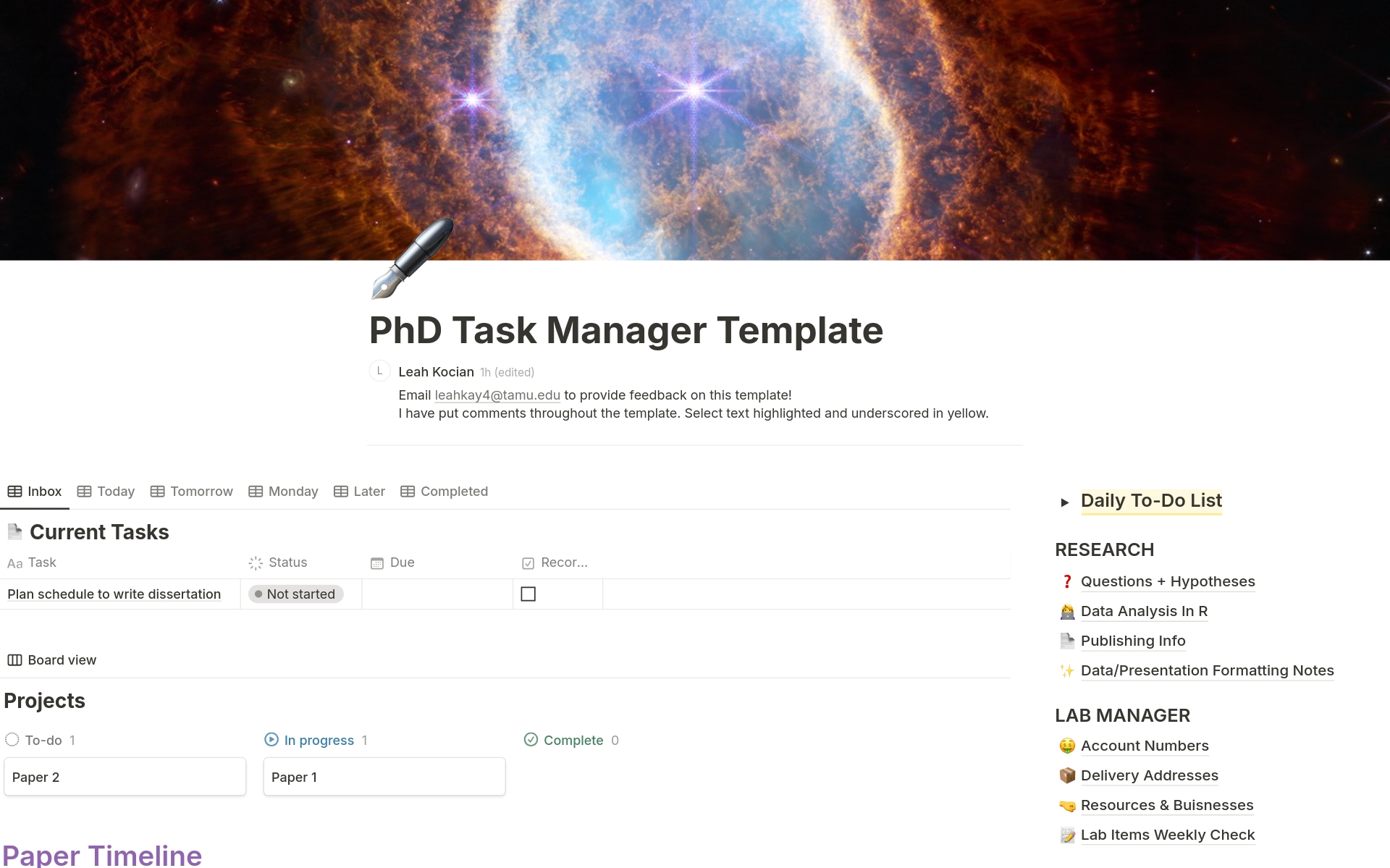 Eine Vorlagenvorschau für PhD Task Manager