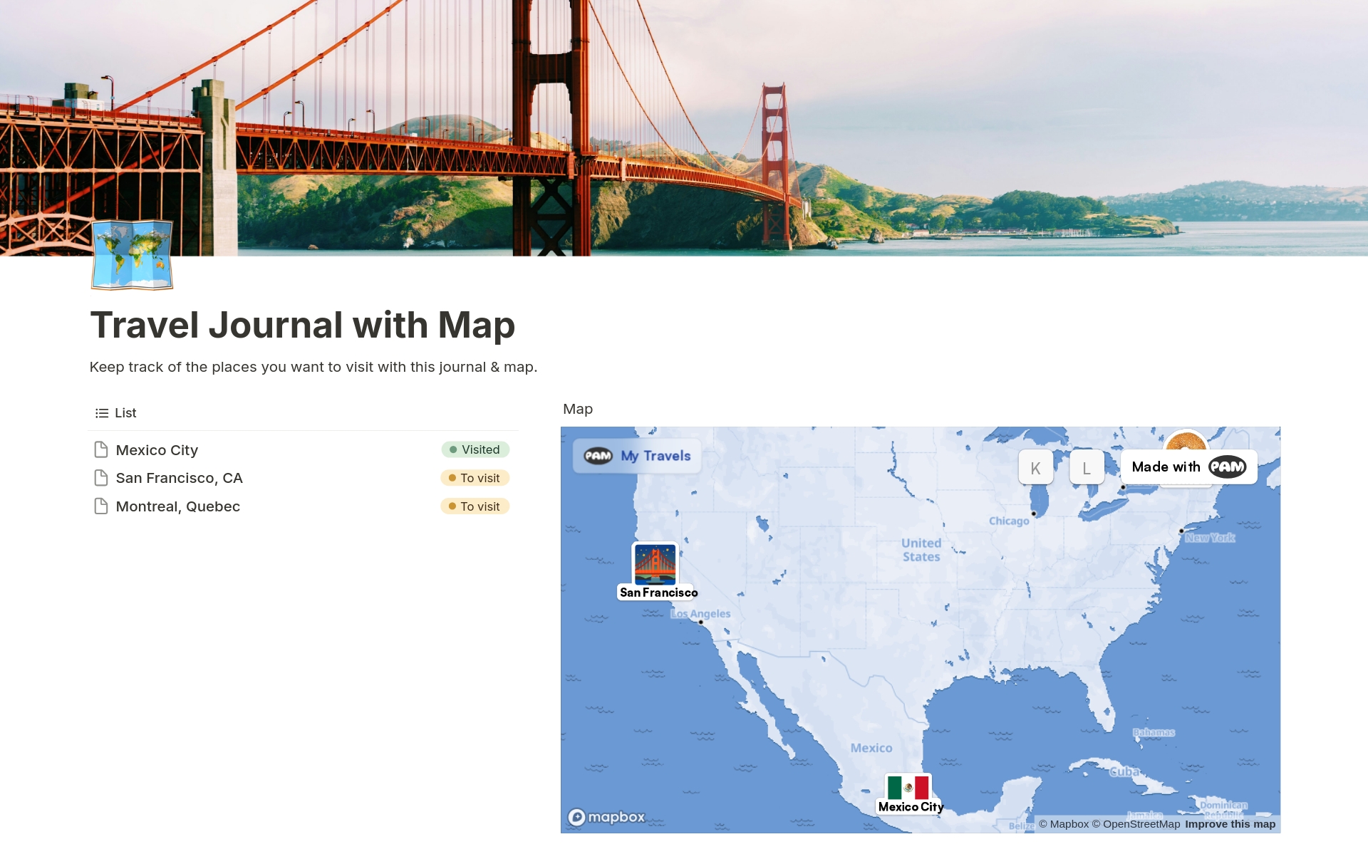 Keep track of places you want to visit & have visited with this simple planner that includes an auto-generated map.
