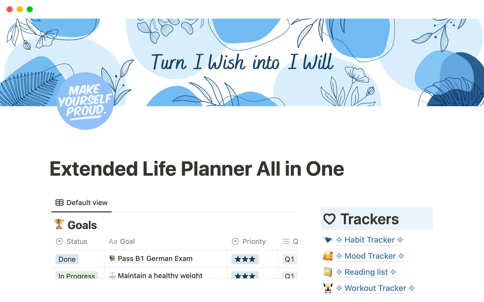 Vista previa de plantilla para Extended Life Planner All in One Notion Template