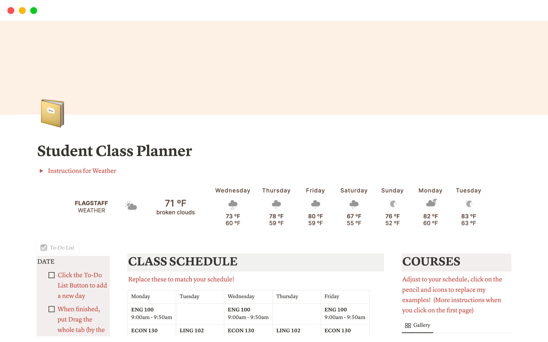 Vista previa de una plantilla para Simple Student Class Planner