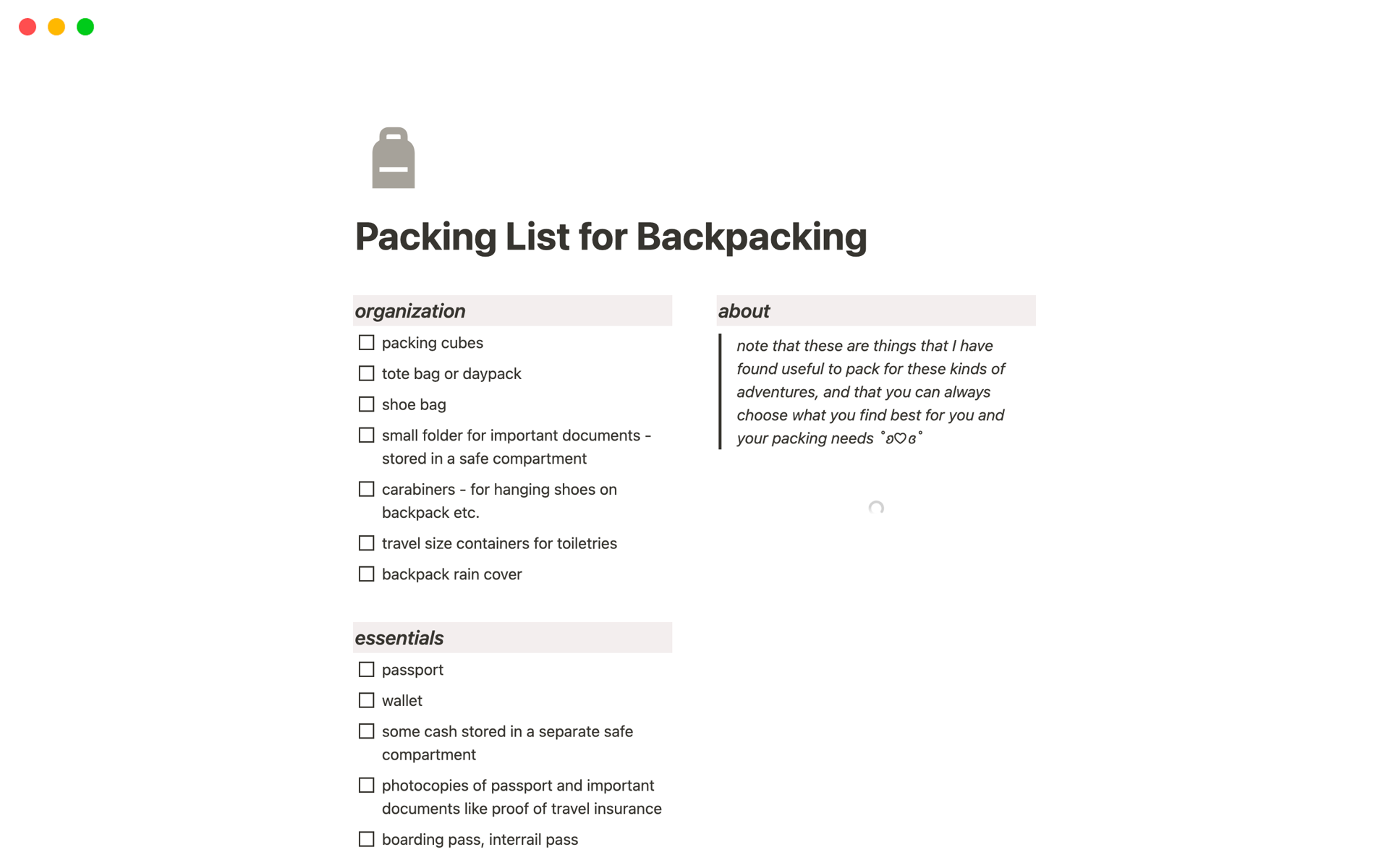 En forhåndsvisning av mal for Simple Packing List for Backpacking