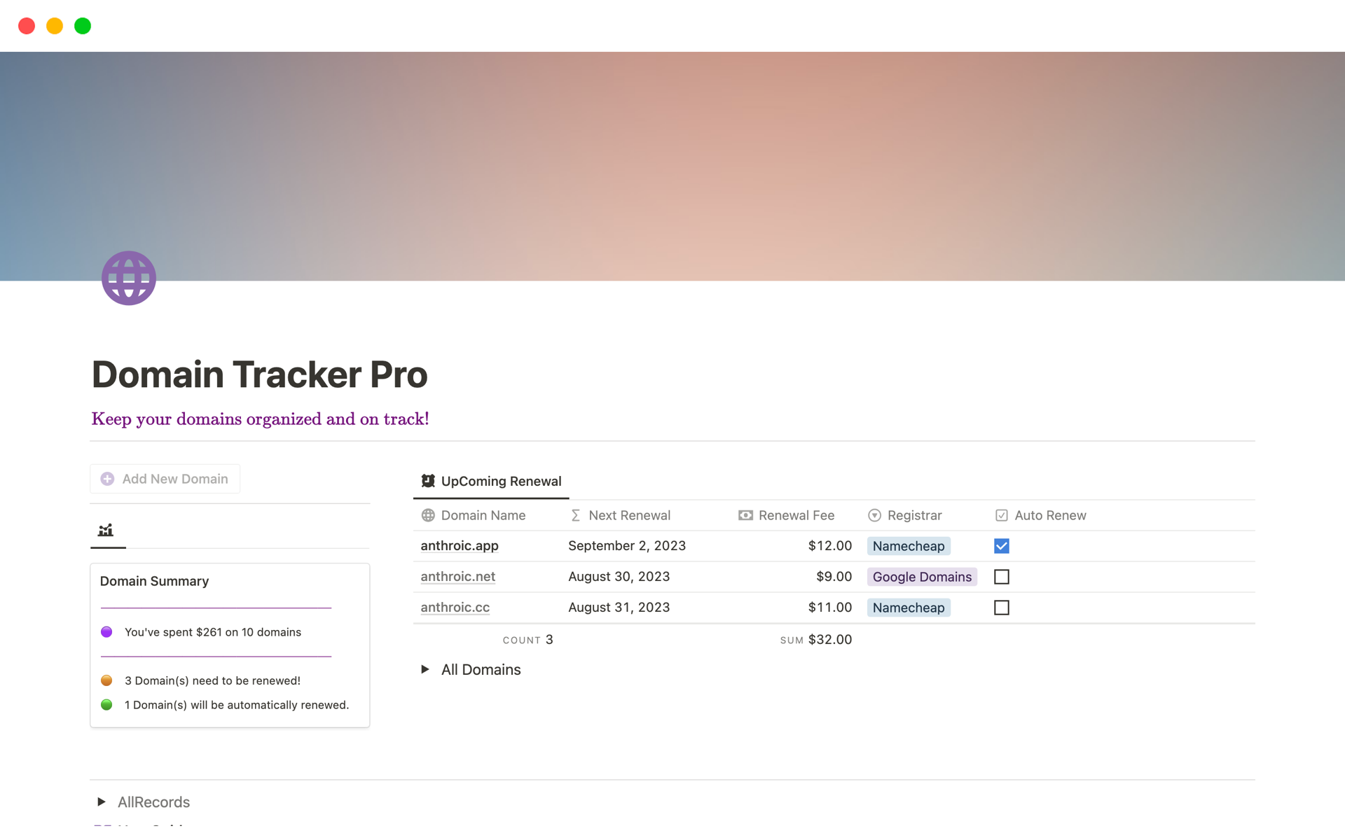 En forhåndsvisning av mal for Domain Tracker Suite