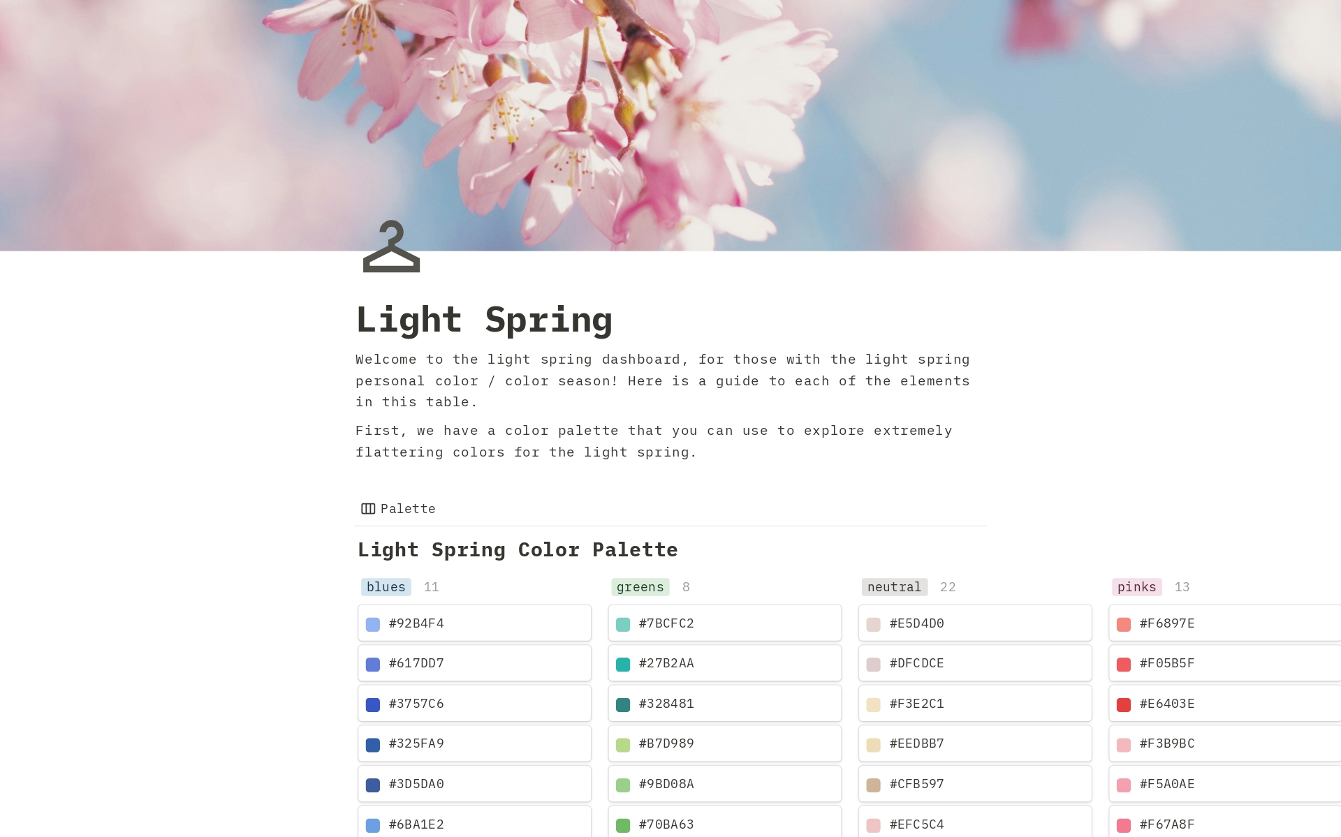 A template preview for Light Spring Seasonal Color Style Guide