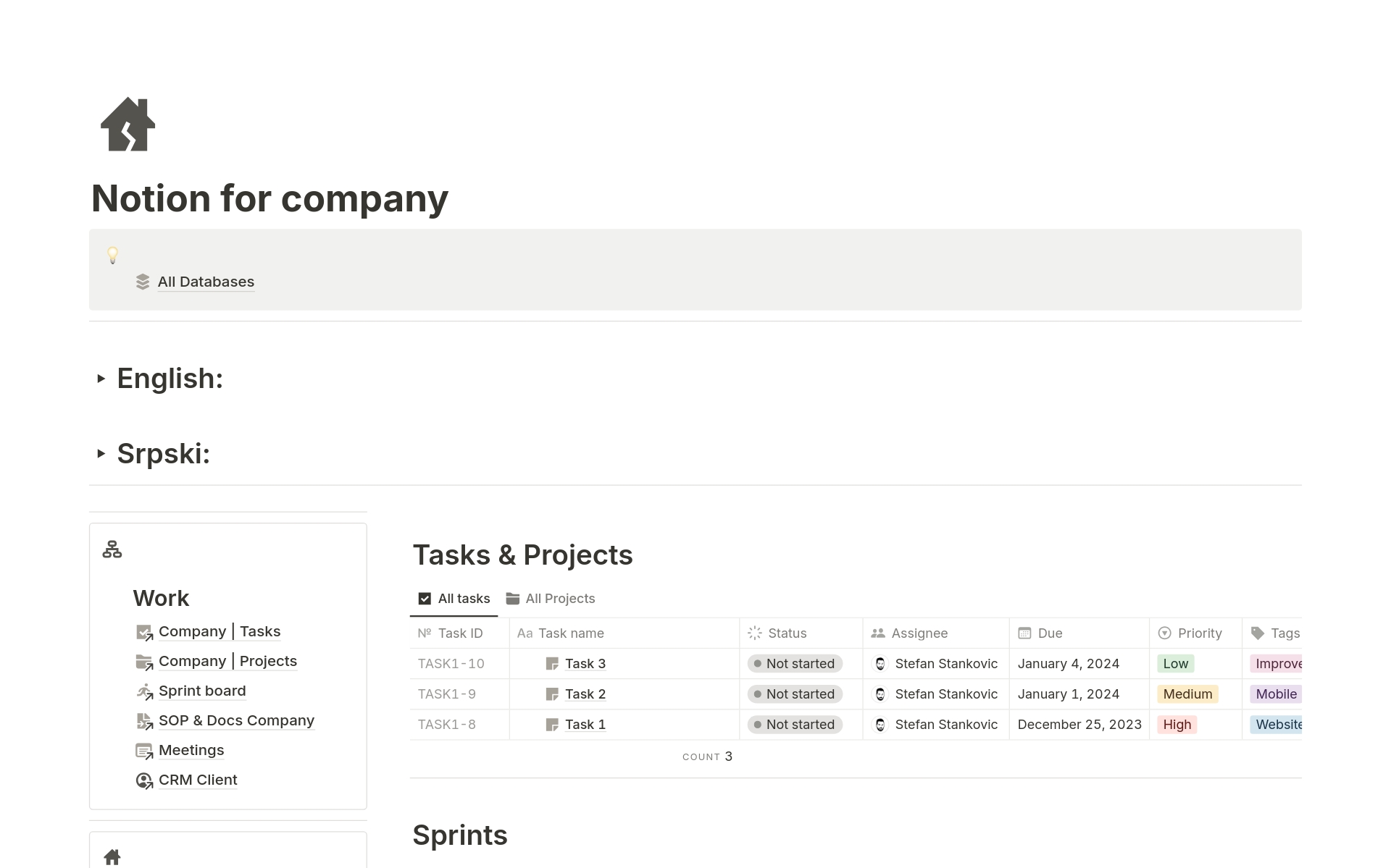 Finding the right balance between tasks, projects, SOPs, and documents can be challenging for small businesses. But fear not, Company Notion is here to make your life easier! This comprehensive template is designed to ensure your organization.