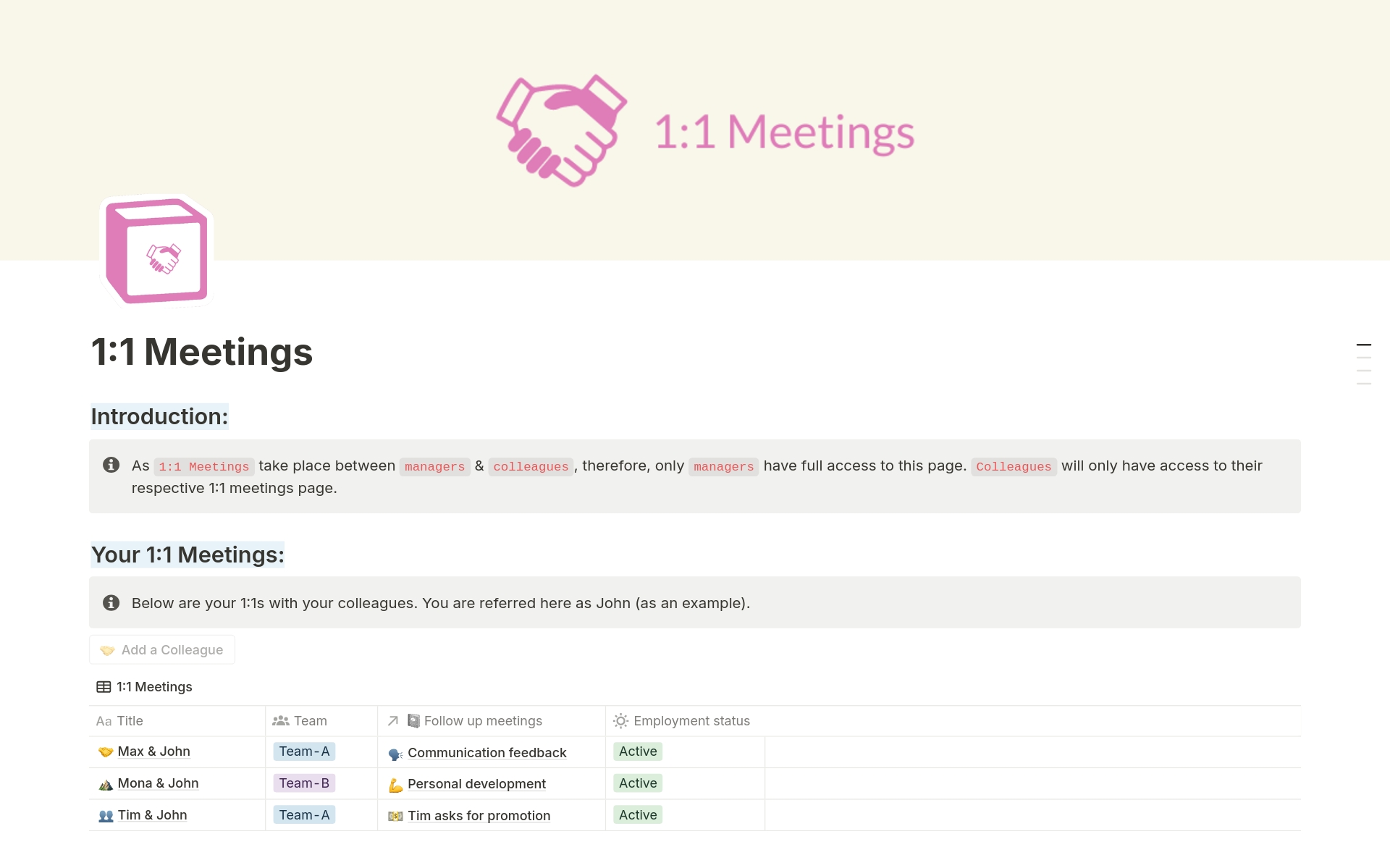 A template preview for 1:1 Meetings