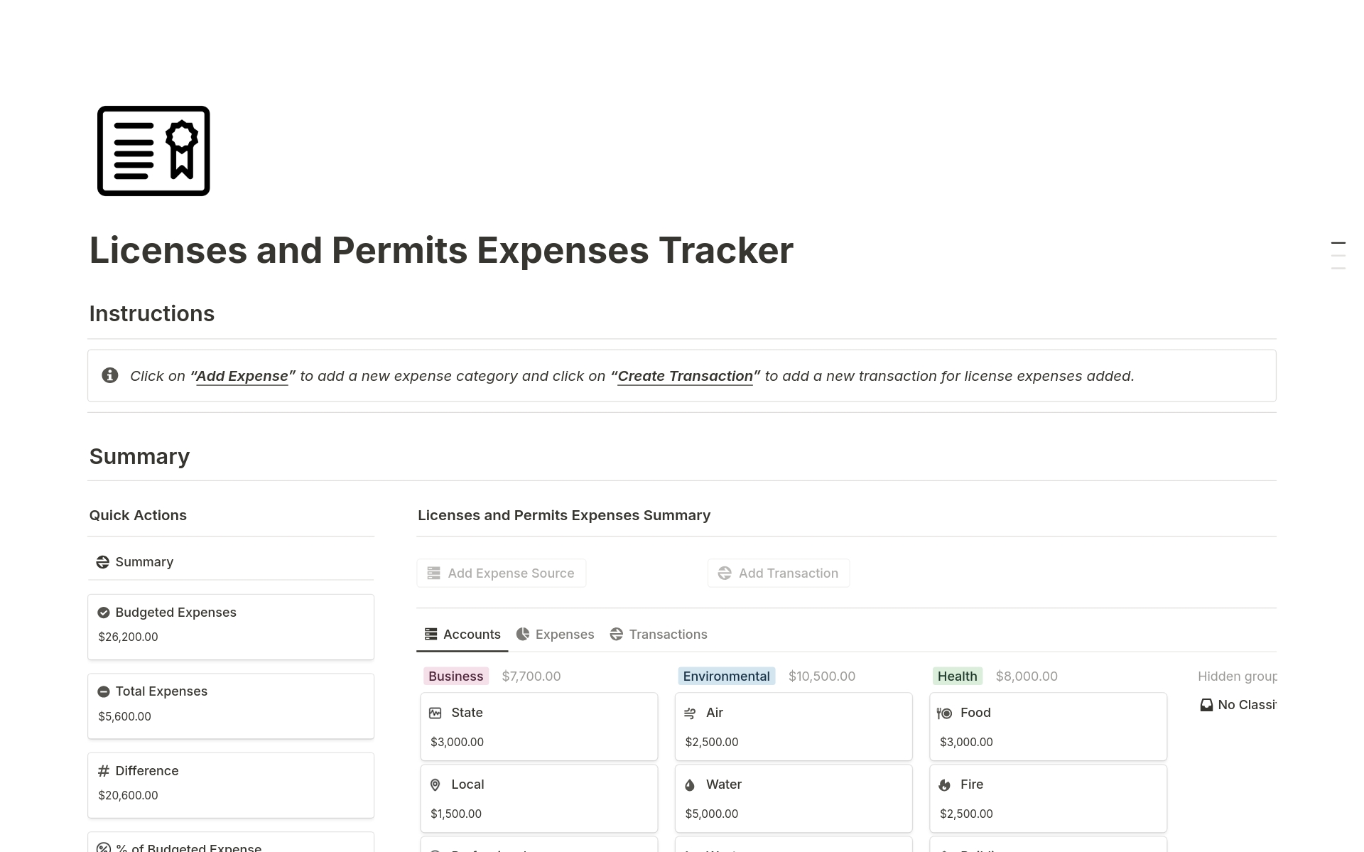 A template preview for License and Permit Expense Tracker