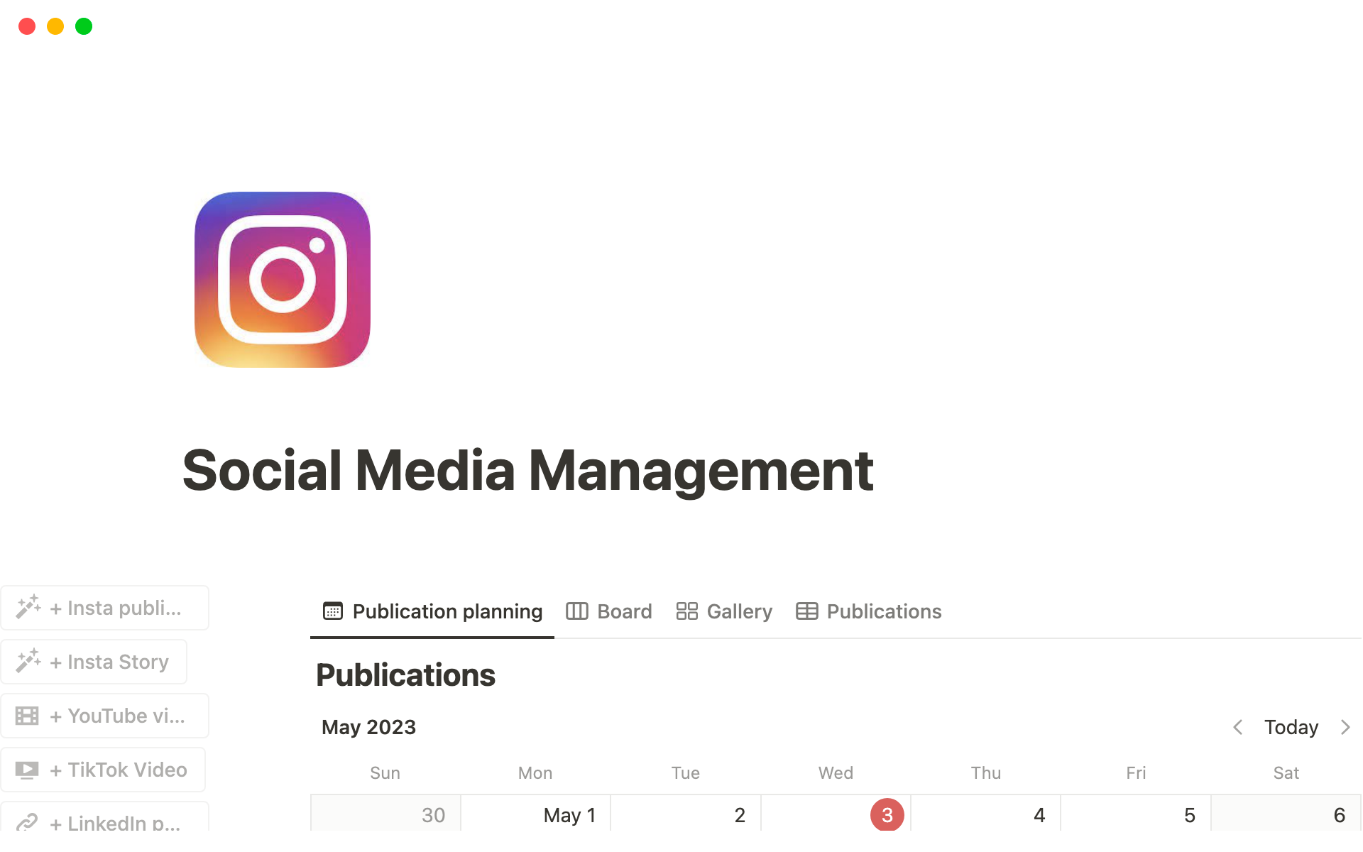 En forhåndsvisning av mal for Social Media Management