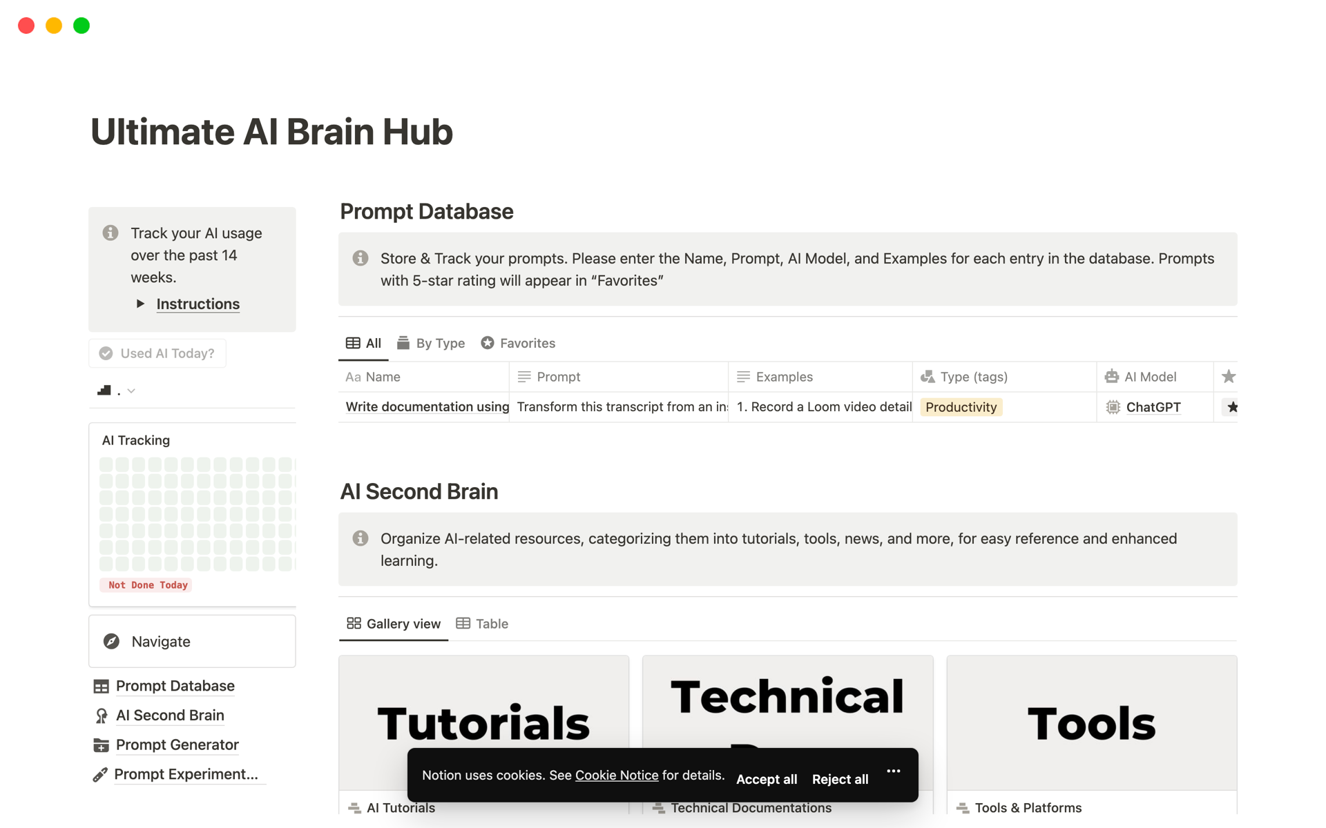 Maximize AI efficiency with the Ultimate AI Brain Hub: The all-in-one Notion template for prompt tracking, resource organizing, and nonstop AI education. Ideal for all AI enthusiasts.