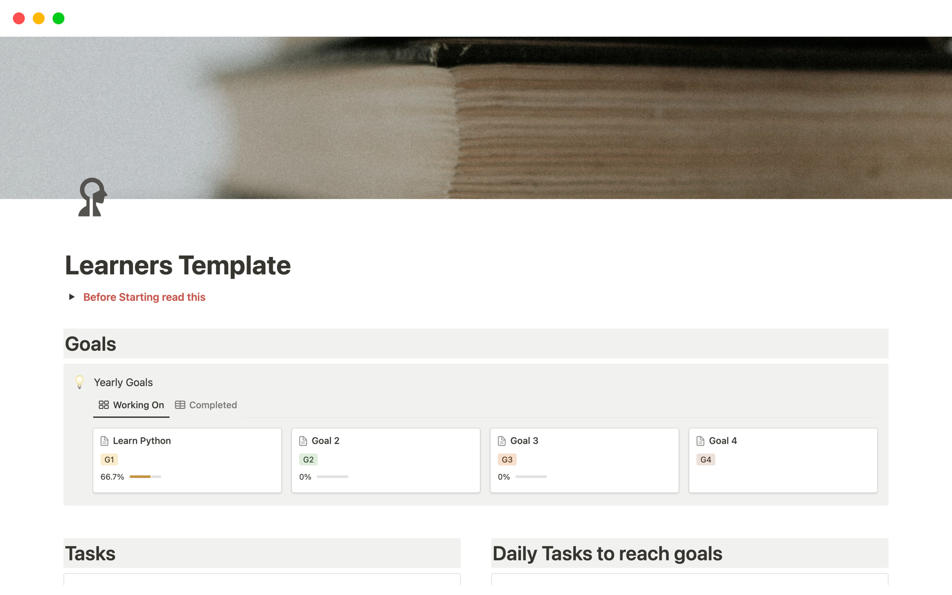 "Empower your learning journey with the Learner's Template - your all-in-one Notion resource for setting goals, tracking progress, and organizing valuable learning materials."