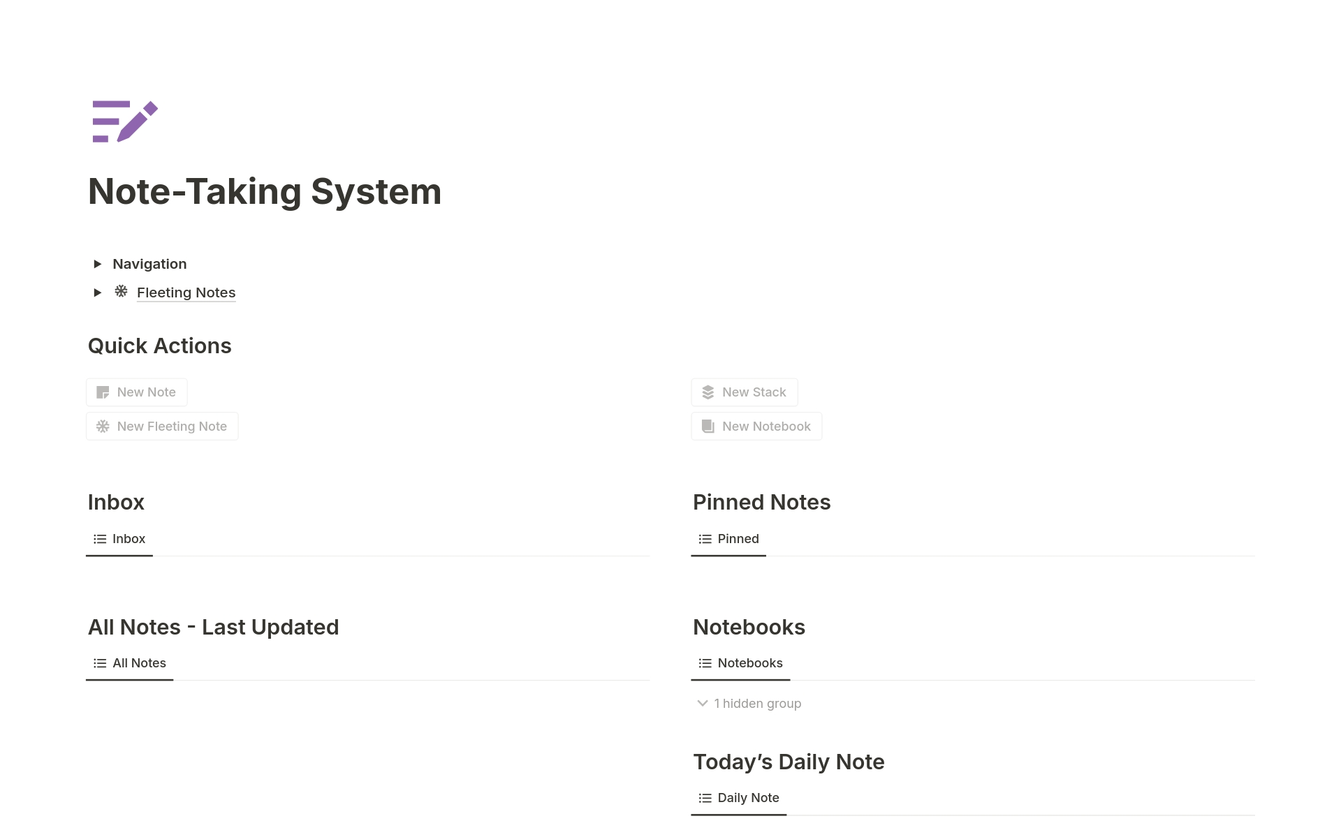 A template preview for Note-Taking System