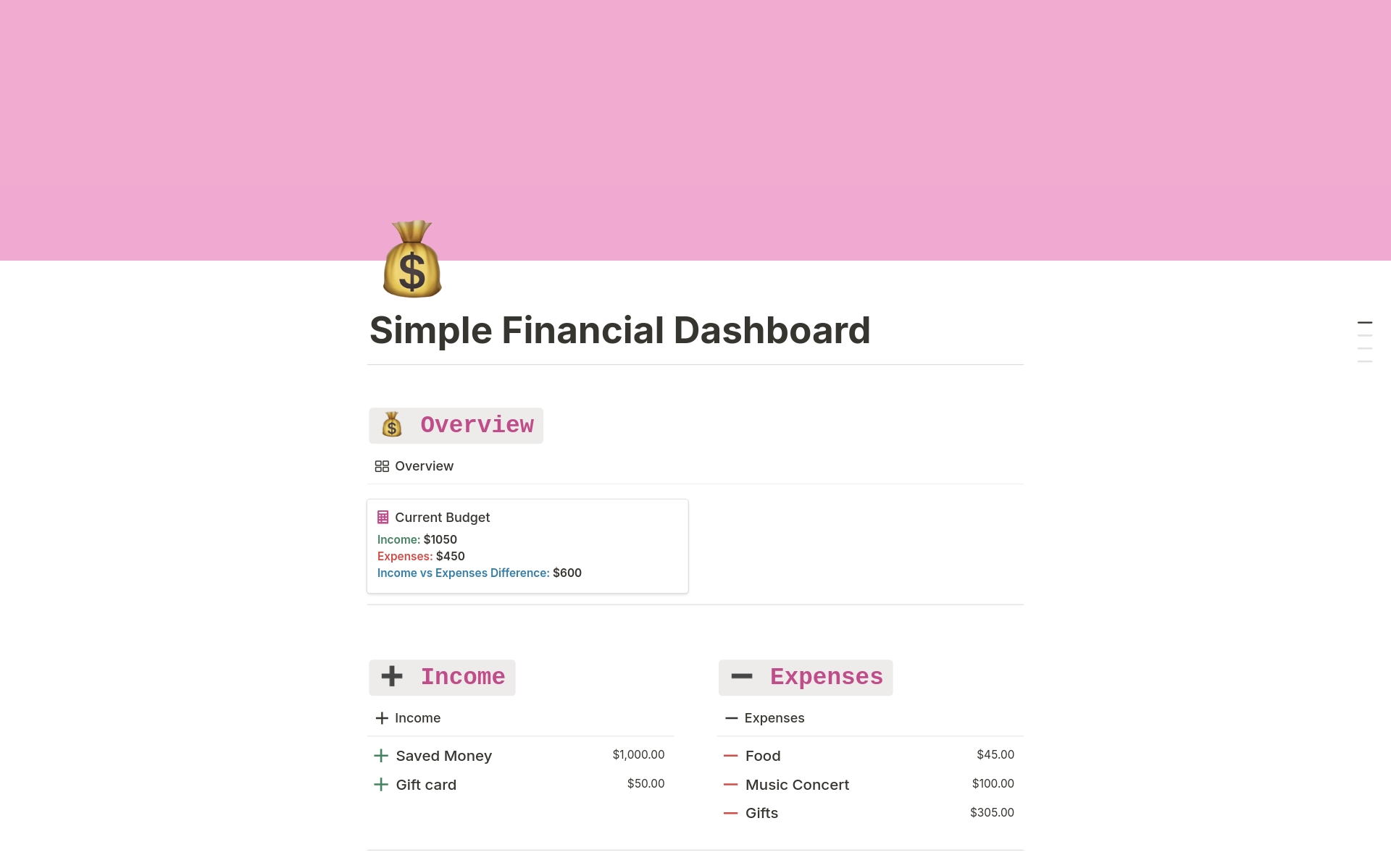 A template preview for Simple Financial Dashboard