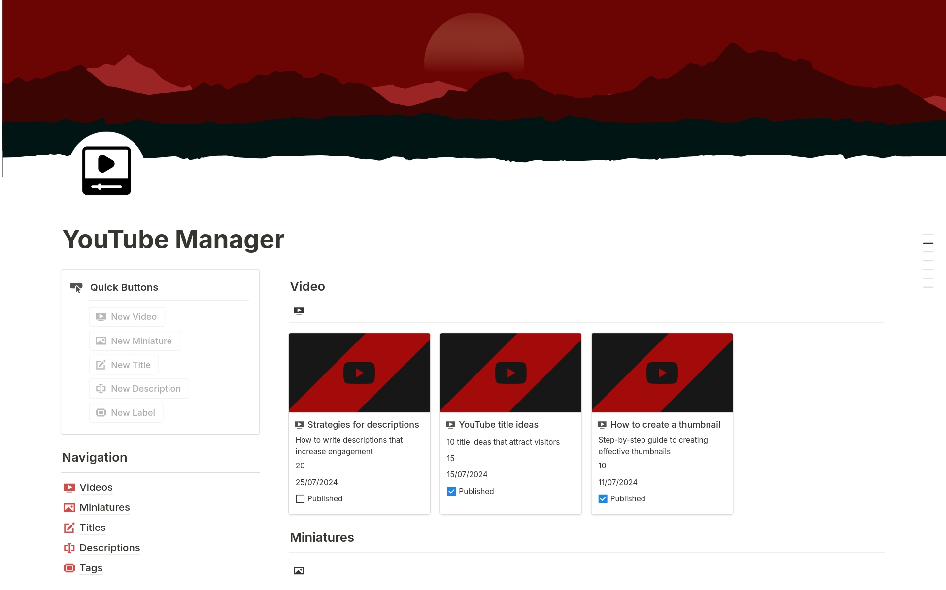 Manage and plan your YouTube content with this template. Keep detailed control of ideas, recordings, and publications.