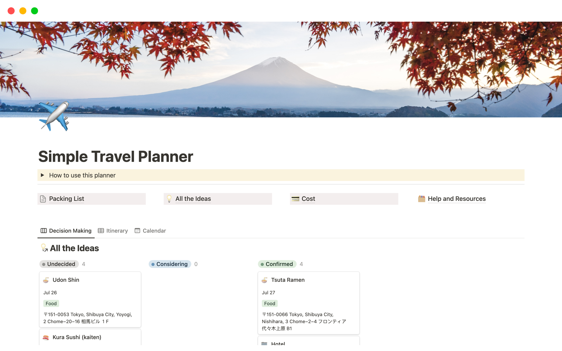 En förhandsgranskning av mallen för Simple Travel Planner