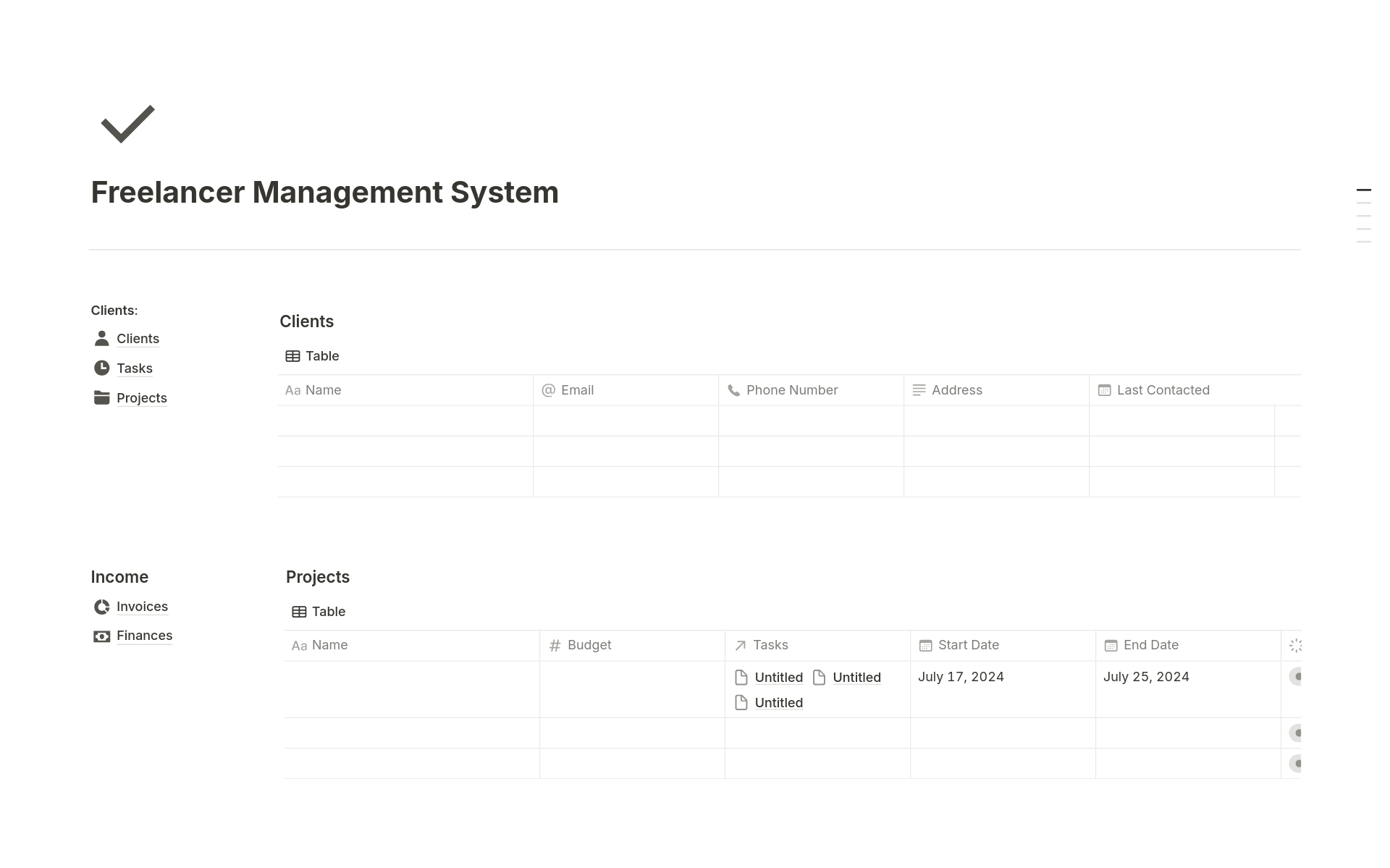 A template preview for Freelance Management System