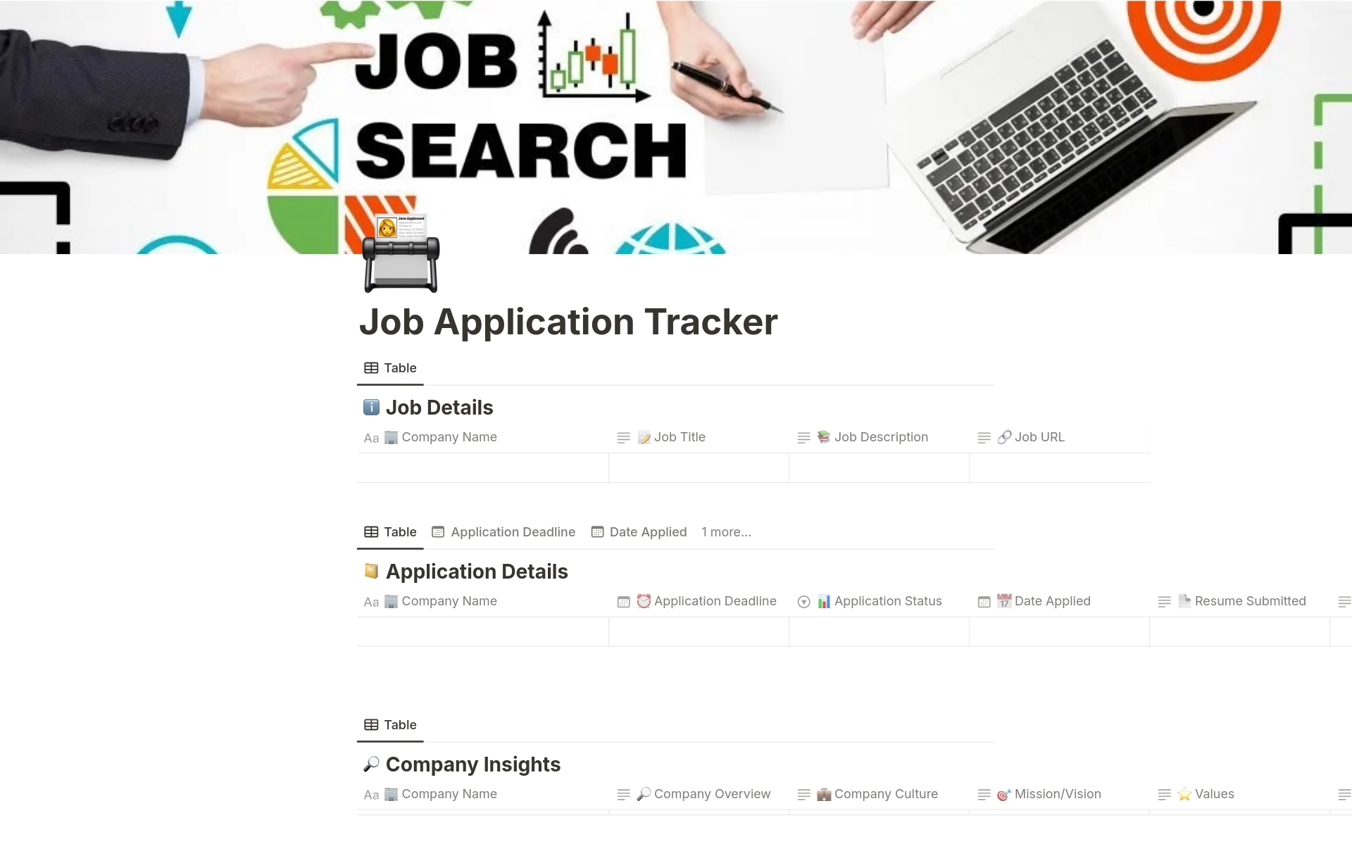 Vista previa de una plantilla para Job Application Tracker