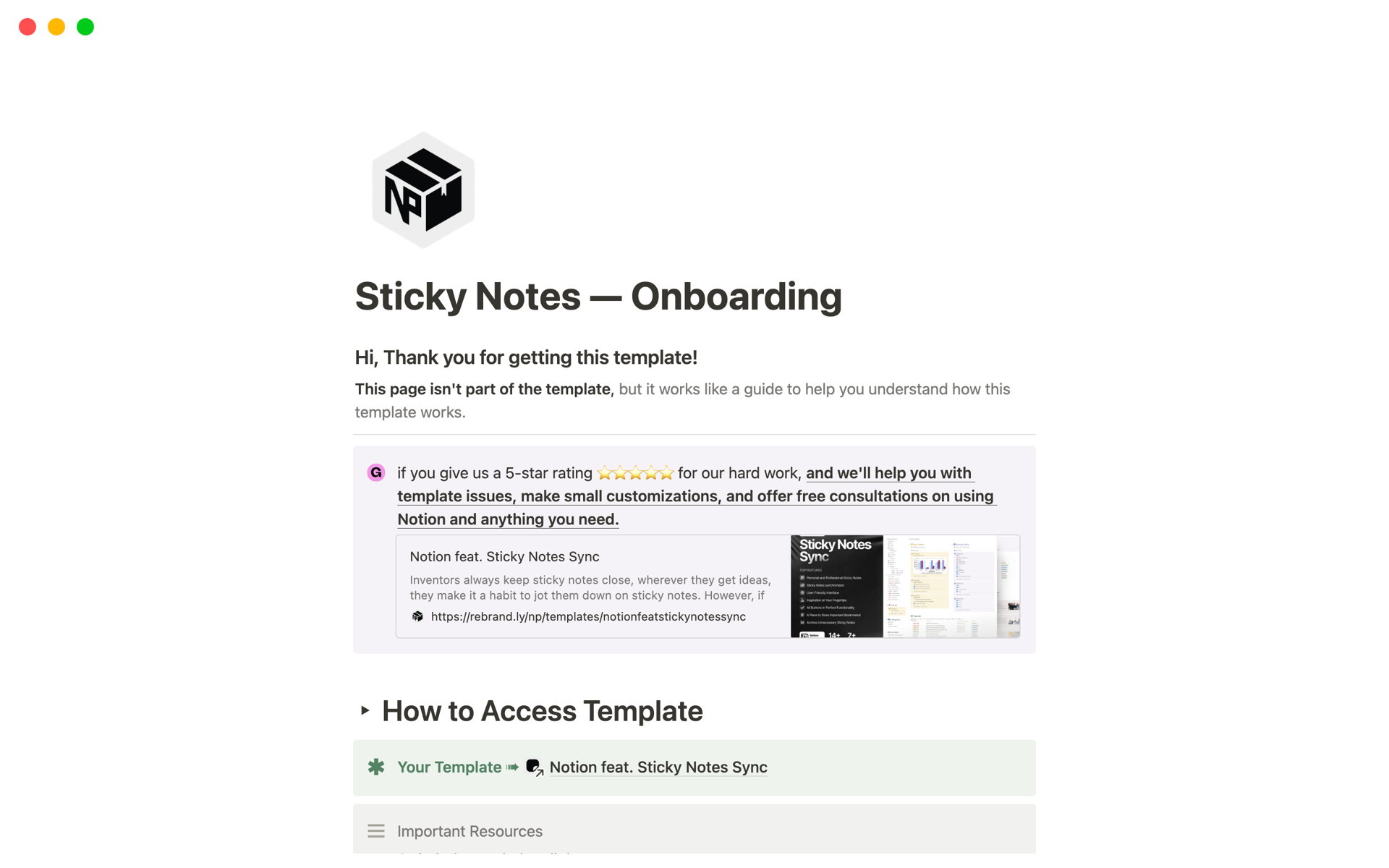 Eine Vorlagenvorschau für Sticky Notes Sync