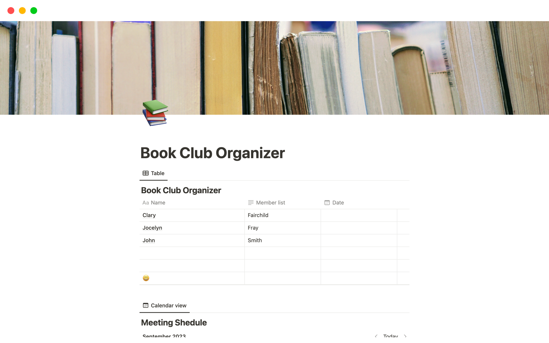 En forhåndsvisning av mal for Book Club Organizer