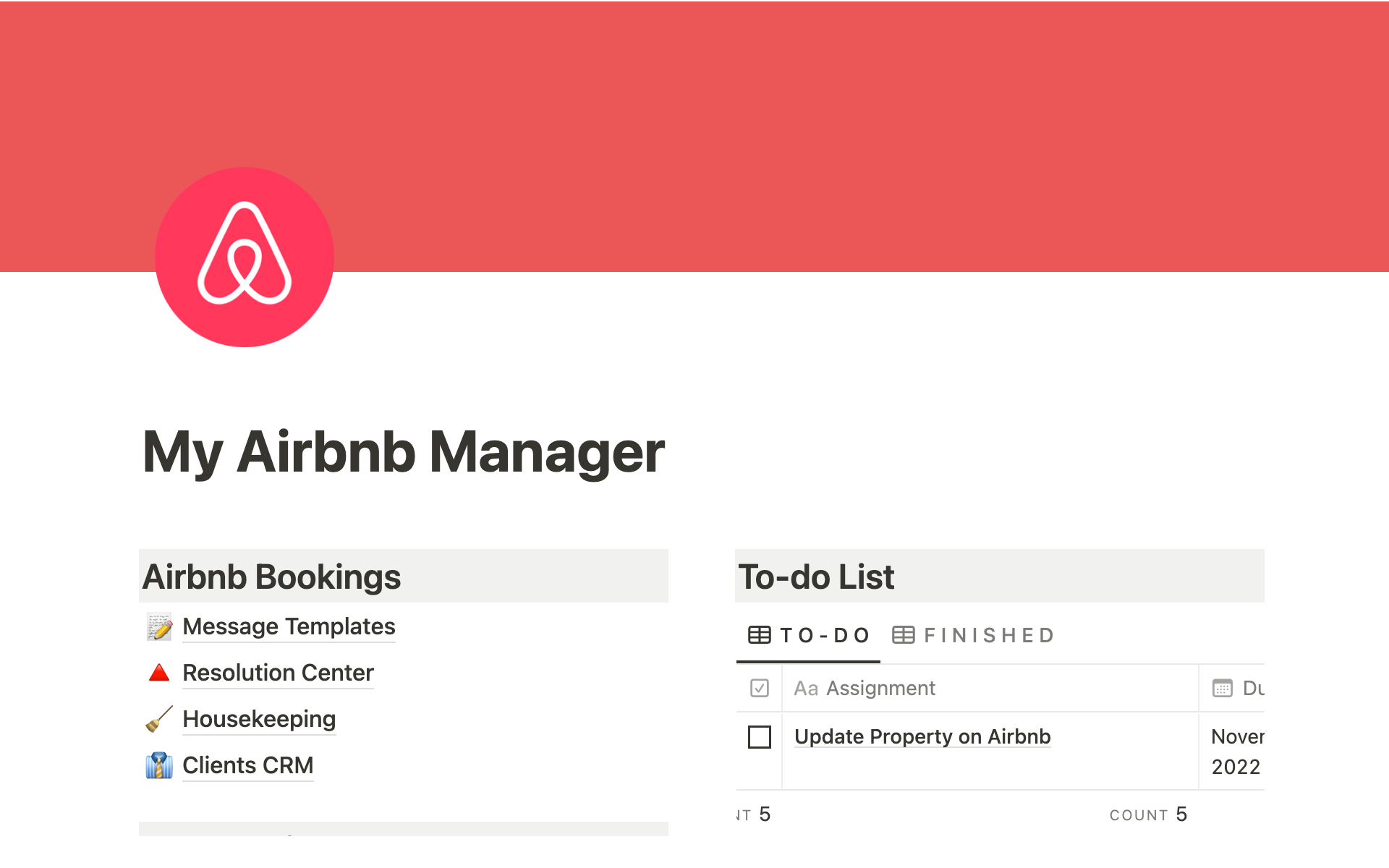 En förhandsgranskning av mallen för Basic Airbnb Management System