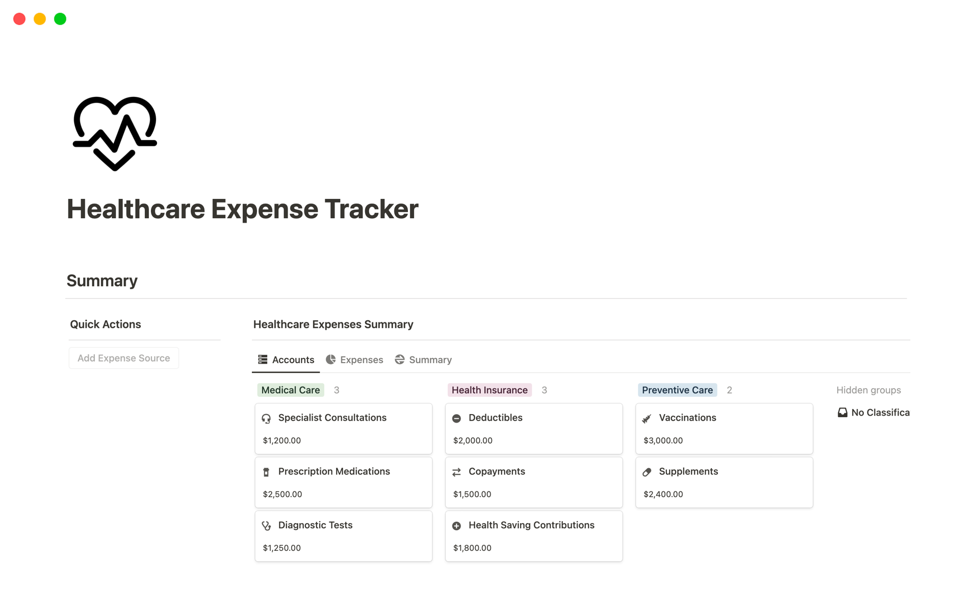 En forhåndsvisning av mal for Healthcare Expense Tracker
