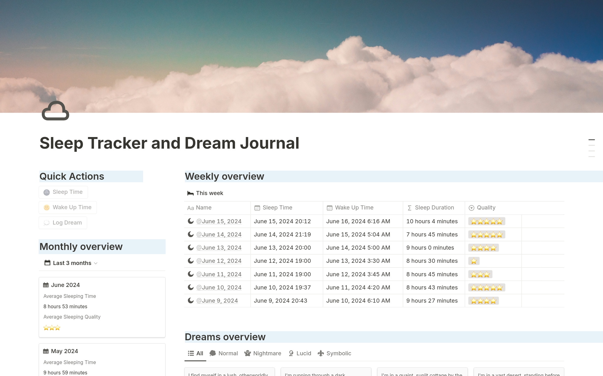 En forhåndsvisning av mal for Sleep Tracker and Dream Journal