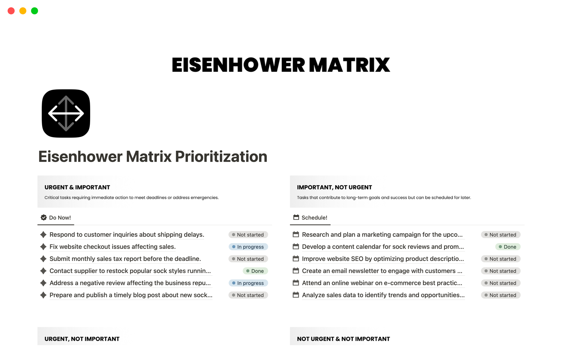 Aperçu du modèle de Eisenhower Matrix Prioritization