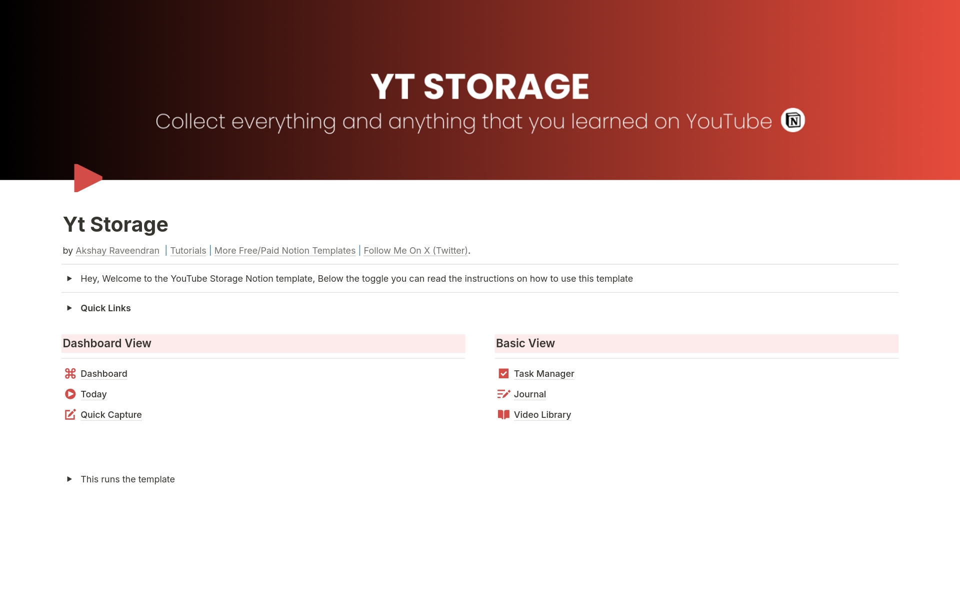 The YouTube Note Taking System™️ AKA YouTube Storage is a Notion template designed to help you write notes, organise and record everything you learn from YouTube. It's like a digital notebook where you can store and track all your learning in one place.