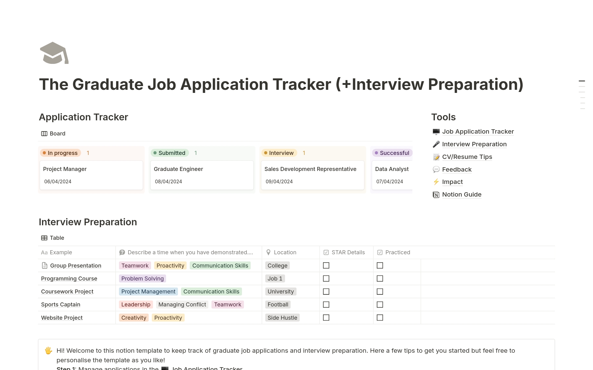 Versatile application tracker and interview preparation template for students and graduates.
