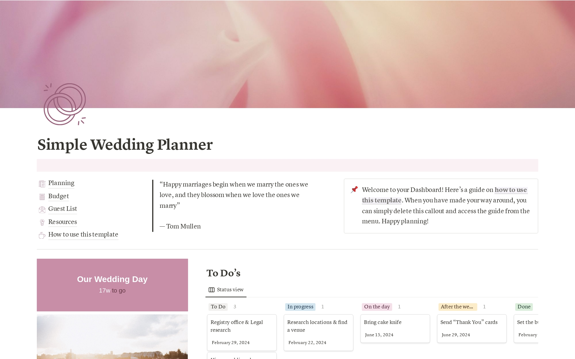 En förhandsgranskning av mallen för Simple Wedding Planner