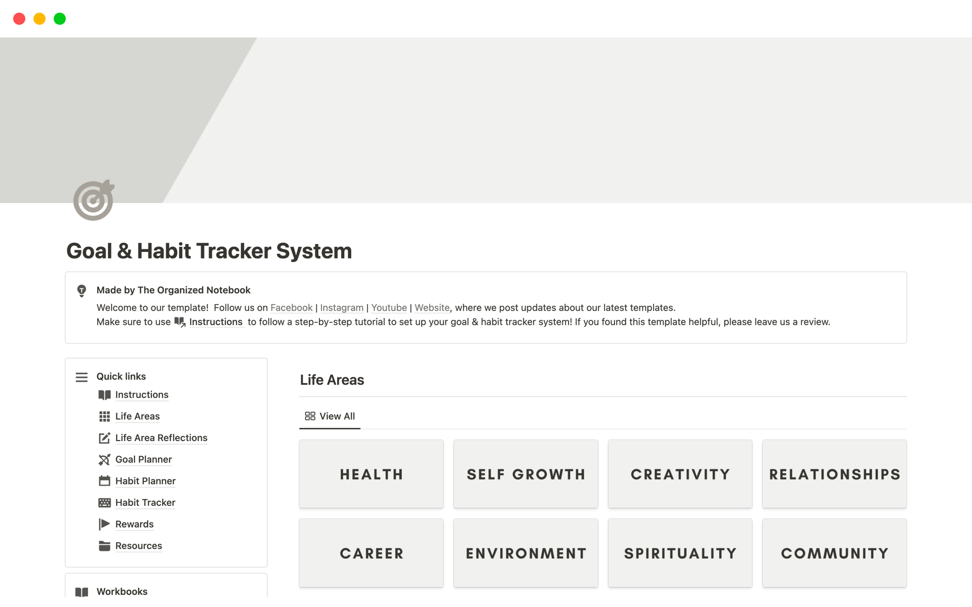 Vista previa de plantilla para Goal & Habit Tracker System