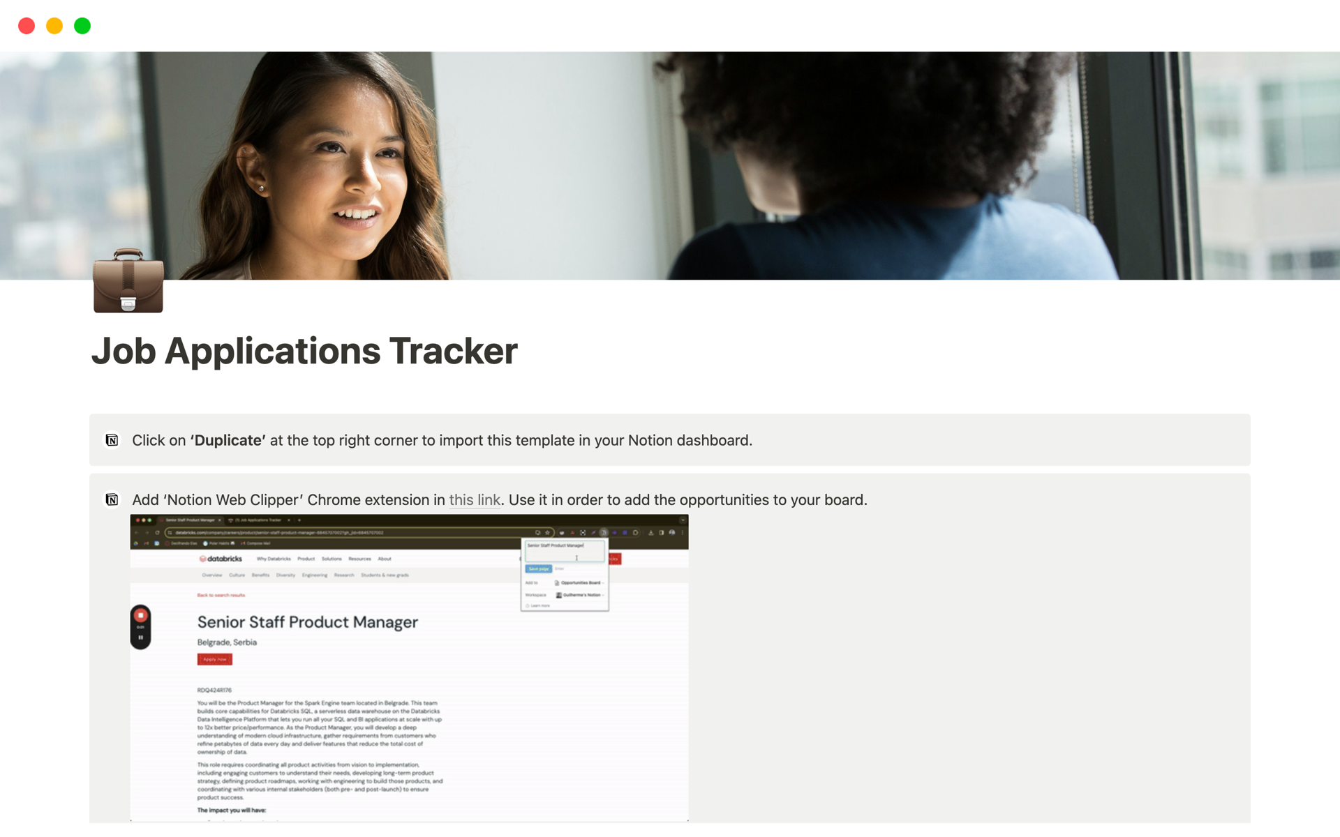 En forhåndsvisning av mal for Job Applications Tracker
