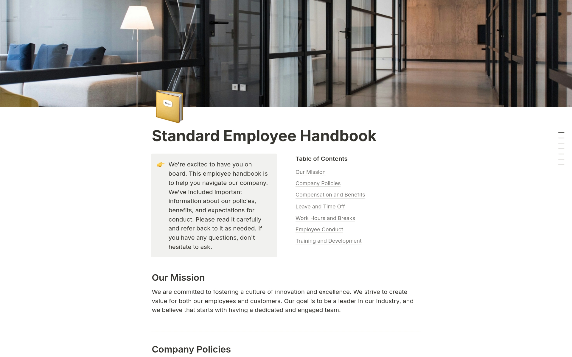 En forhåndsvisning av mal for Standard Corporate Employee Handbook