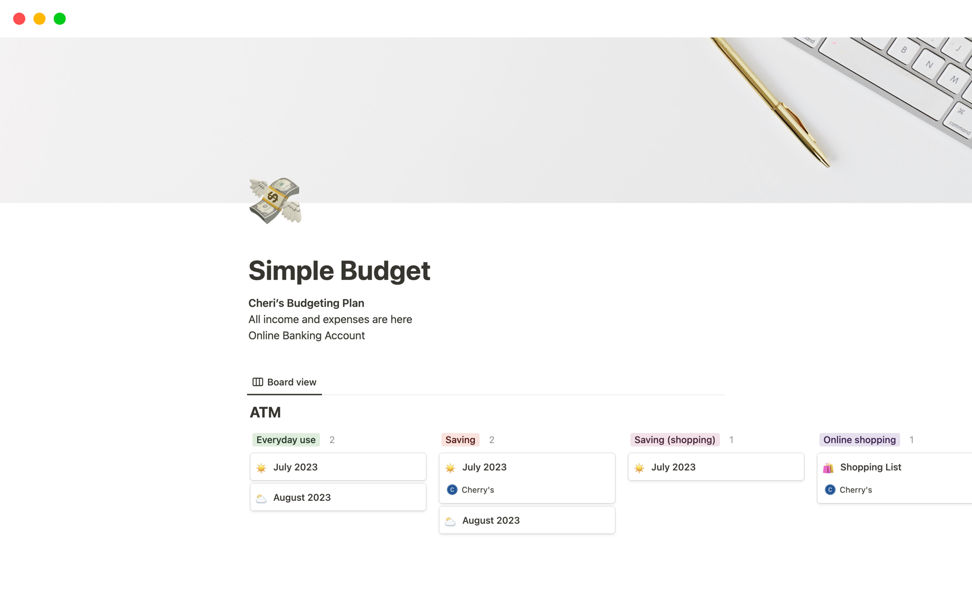 Vista previa de una plantilla para Simple Budget