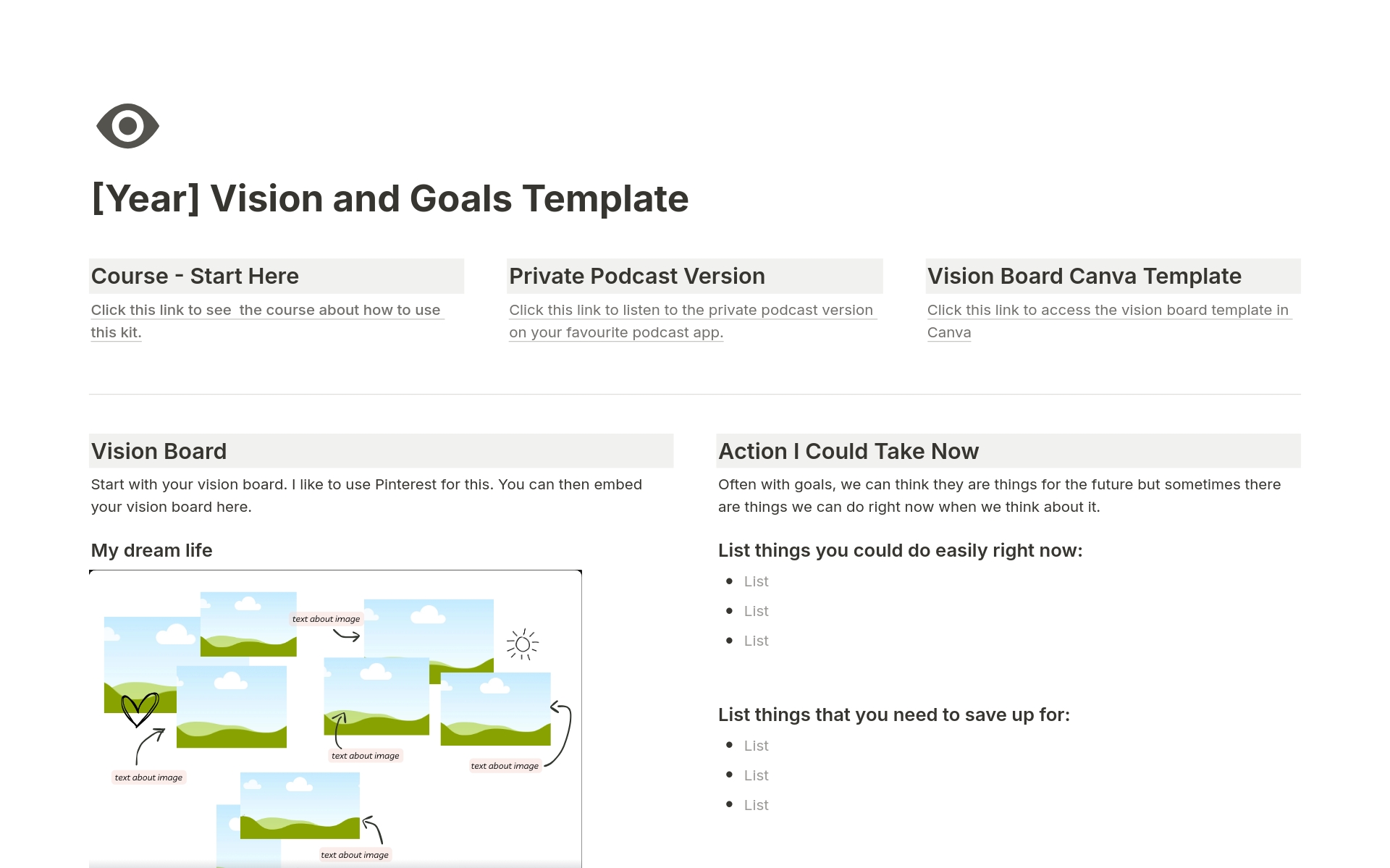 En förhandsgranskning av mallen för Vision Board Kit