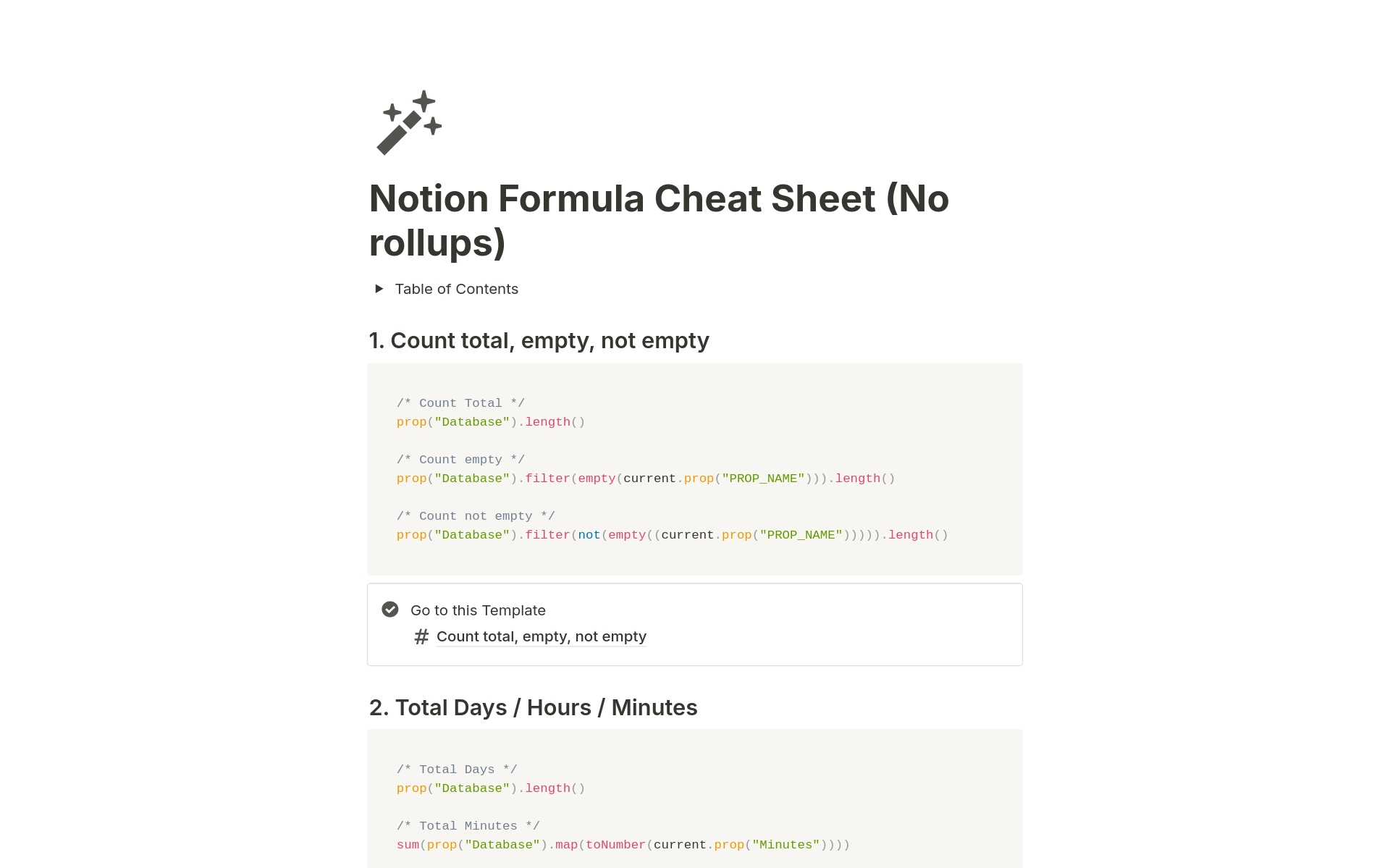 En förhandsgranskning av mallen för Notion Formula Cheat Sheet